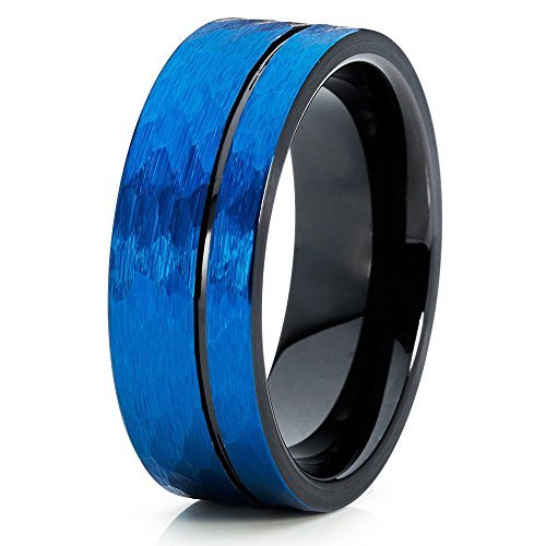 8mm Blue Tungsten Wedding Ring for Men - Black Tungsten Engagement & Anniversary Band - Comfort Fit Hammered & Brushed Finish - Perfect for Everyday Wear, Gifts & Special Occasions