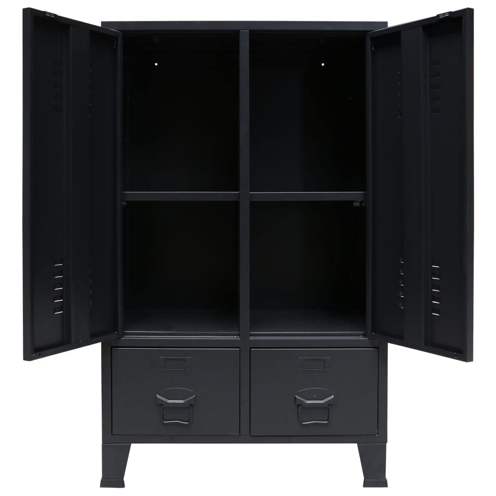 vidaXL Black Wardrobe - Industrial Metal Closet with Adjustable Shelves & Drawers, Name Card Holders - Sturdy & Easy Assembly for Bedroom, Office or Dorm Organization