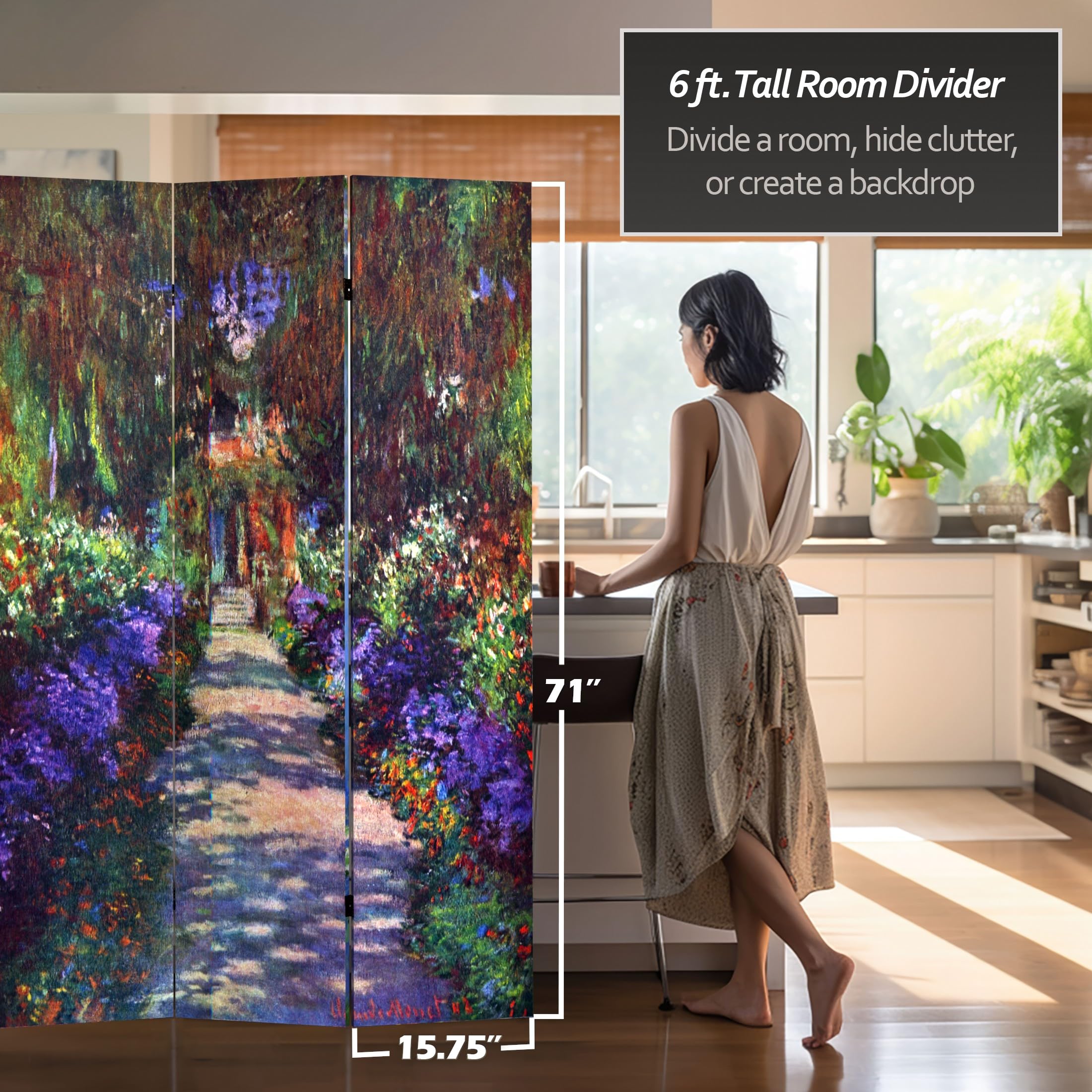 6 ft Double Sided Monet Canvas Room Divider - Water Lilies & Garden at Giverny Blue Art Panel | Home Office Partition Screen | Bedroom Decor & Living Room Privacy Panel