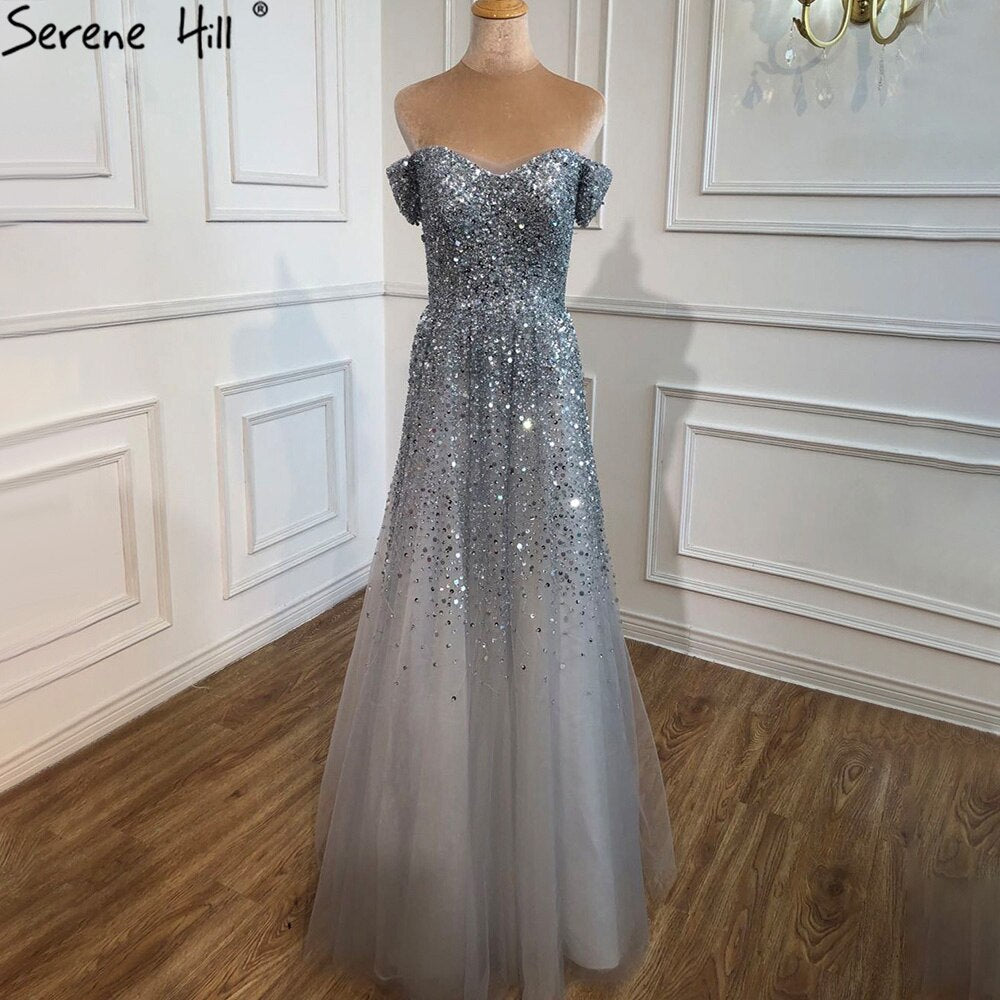 Serene Hill Grey Luxury A-Line Evening Dresses for Women 2025 - Beaded Bling Sexy Gowns for Wedding, Party & Special Occasions - LA71188