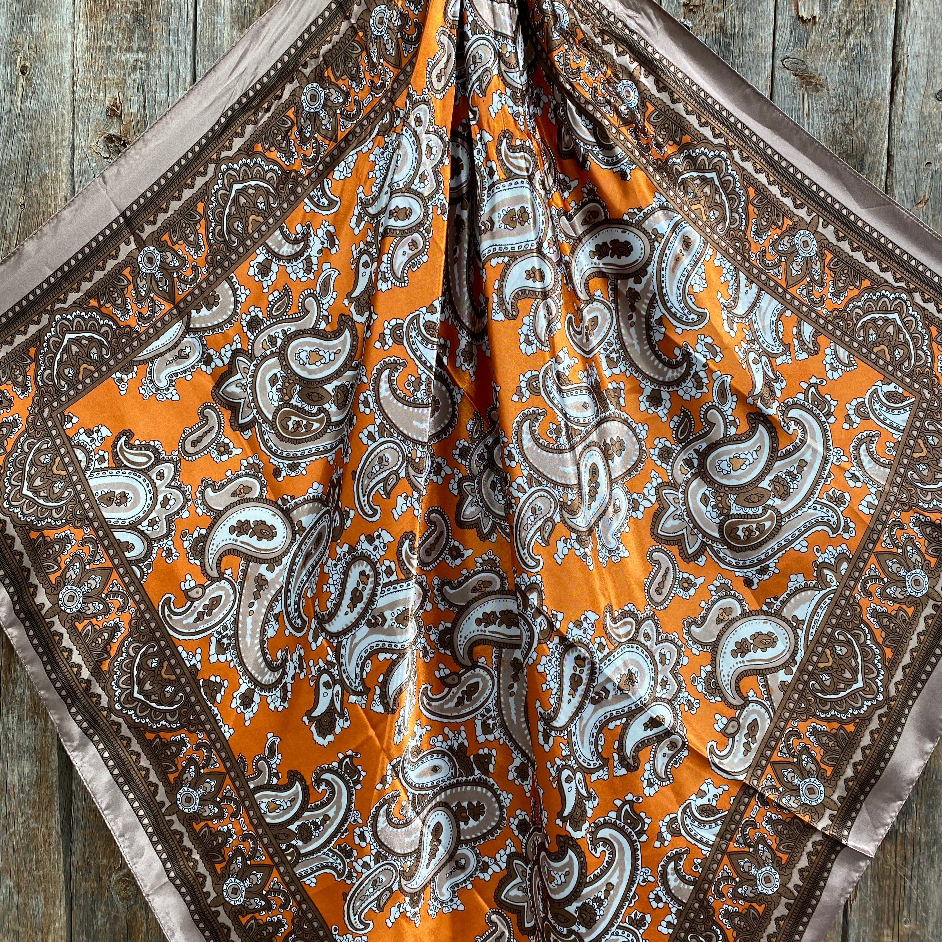 35X35 Orange and Tan Paisley Wild Rag Scarf WR2142 - Western Style Bandana with Tooled Leather Slides for Cowboy, Rodeo & Outdoor Adventures - Perfect for Horse Riding, Motorcycle & Fashion Accessories