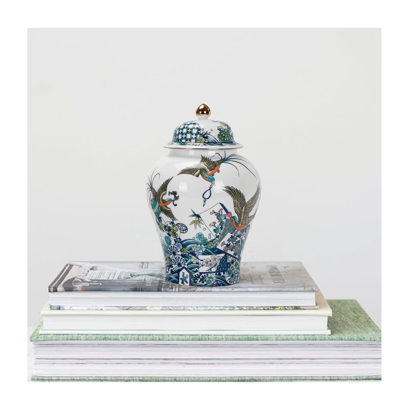 8 Inch Blue and White Phoenix Ginger Jar with Lid - Handcrafted Ceramic Decorative Vase, Chinoiserie Home Decor for Living Room, Kitchen, Shelf Display & Tea Storage | Perfect for Asian-Inspired Interior Design & Gift Giving
