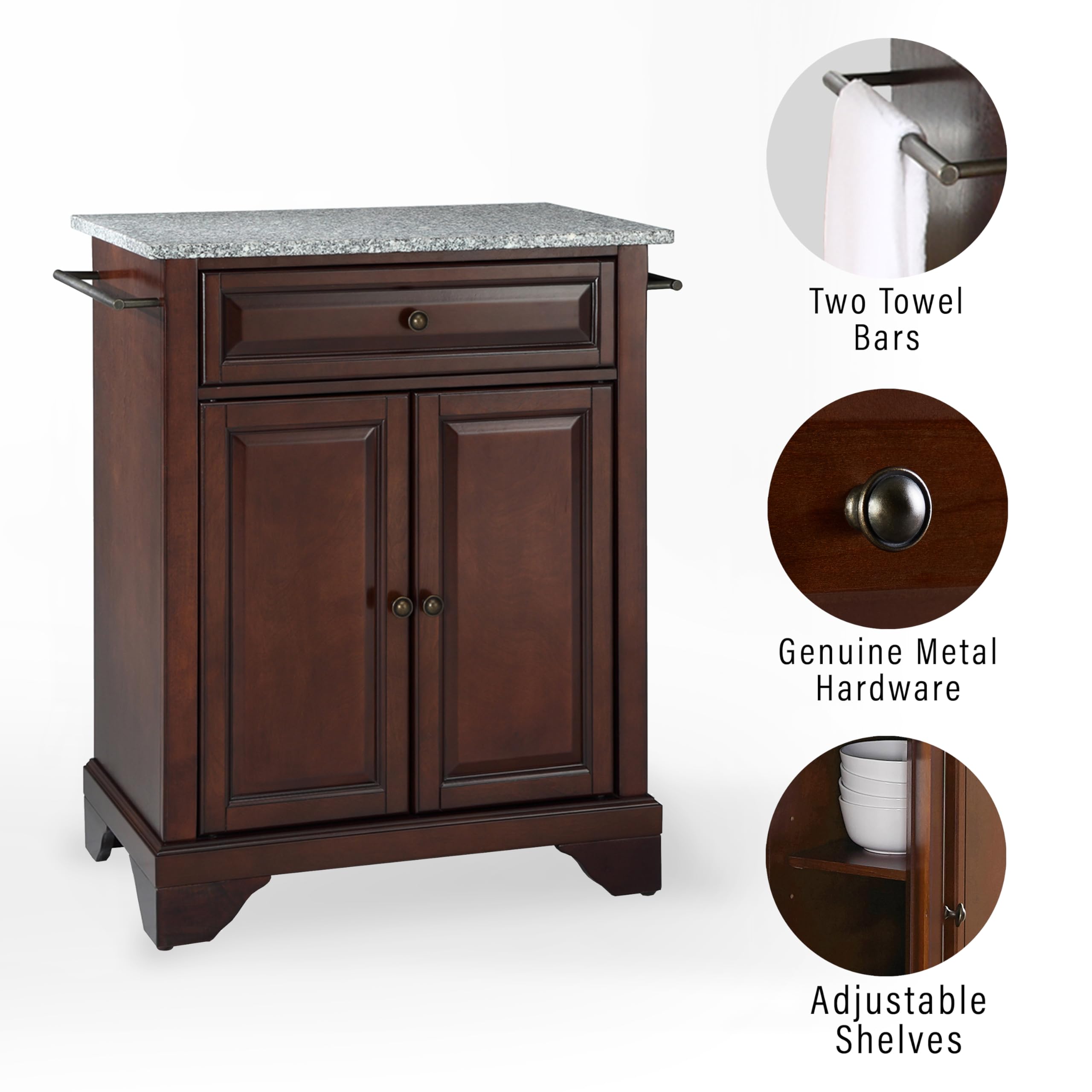 Crosley Lafayette Granite Top Portable Kitchen Island Cart with Wheels - Microwave Stand, Storage Cabinet, Mahogany Finish for Small Spaces | Perfect for Apartments, Dorms & Compact Kitchens