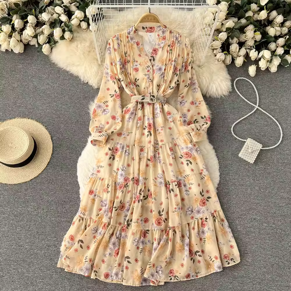 Elegant Floral Chiffon V-Neck Long Sleeve Dress for Women - Spring Fairy Sweet Dress - Perfect for Weddings, Parties & Romantic Dates