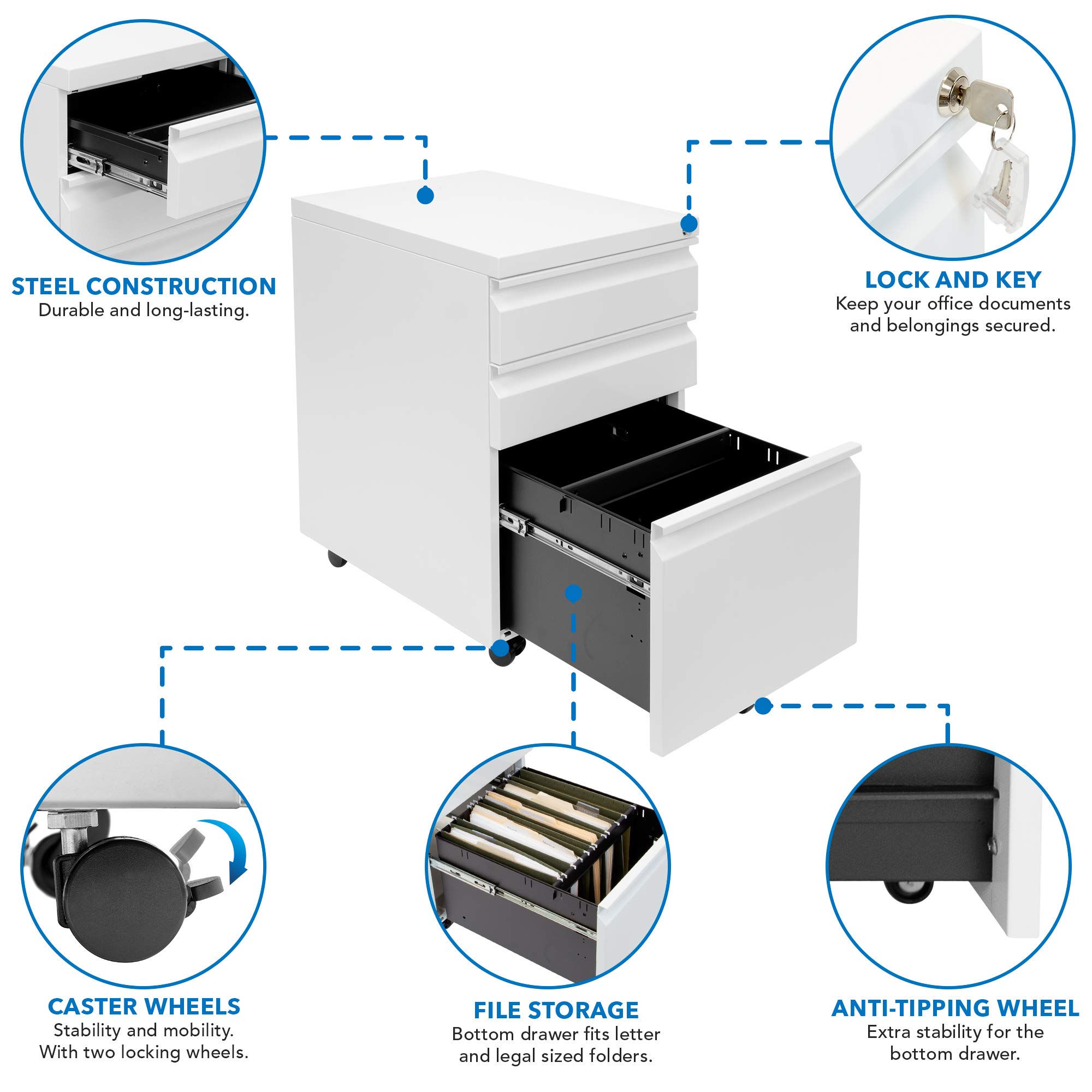Mount-It! 3-Drawer Lockable Rolling File Cabinet with Wheels - White Under Desk Storage Organizer for Home Office - Holds Legal, Letter & A4 Files - Perfect for Small Spaces & Mobile Document Organization