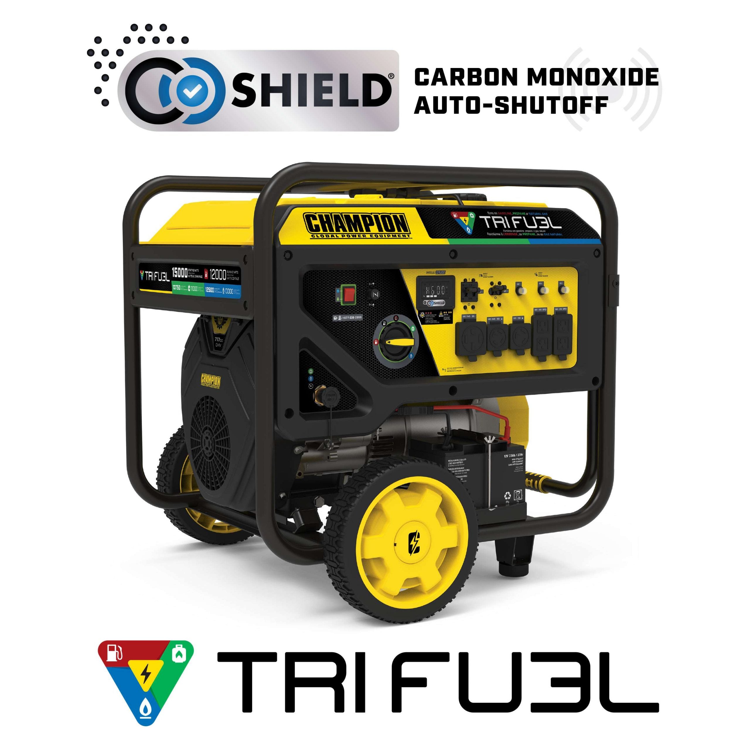 Champion 201161 12000W/15000W Tri Fuel Generator with Electric Start - CO Shield Technology for Gas, Propane & Natural Gas - Perfect for Home Backup Power, Camping & Emergency Use
