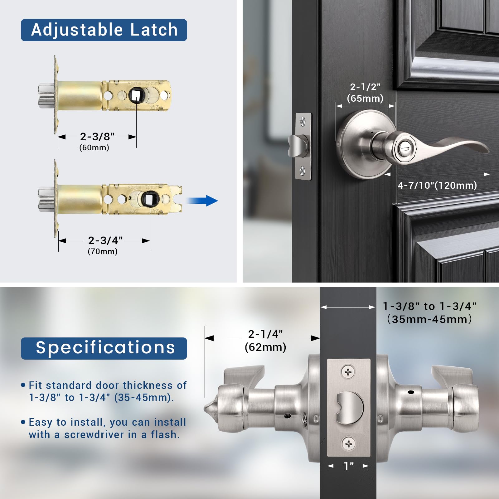 15 Pack Wave Style Door Handle - Brushed Nickel Finish for Bedroom & Bathroom - Keyless Entry - Right or Left Handed - Perfect for Home, Office, and Commercial Spaces