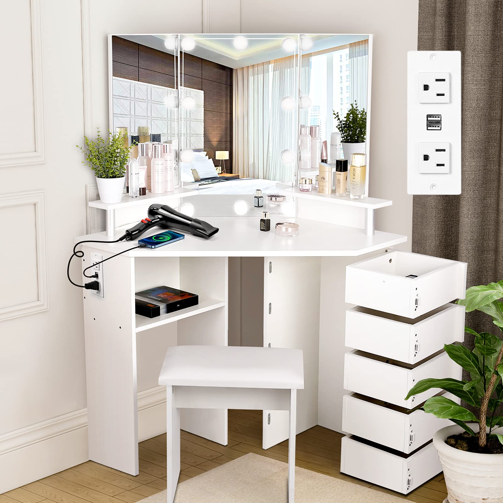 VOWNER LED Vanity Mirror with Lights - Adjustable Brightness Makeup Vanity Desk with Power Outlet, 3 Color Lighting Modes, 5 Spinning Drawers & Storage Shelves, Includes Stool - Perfect for Bedroom, Dressing Room & Home Beauty Station (White)