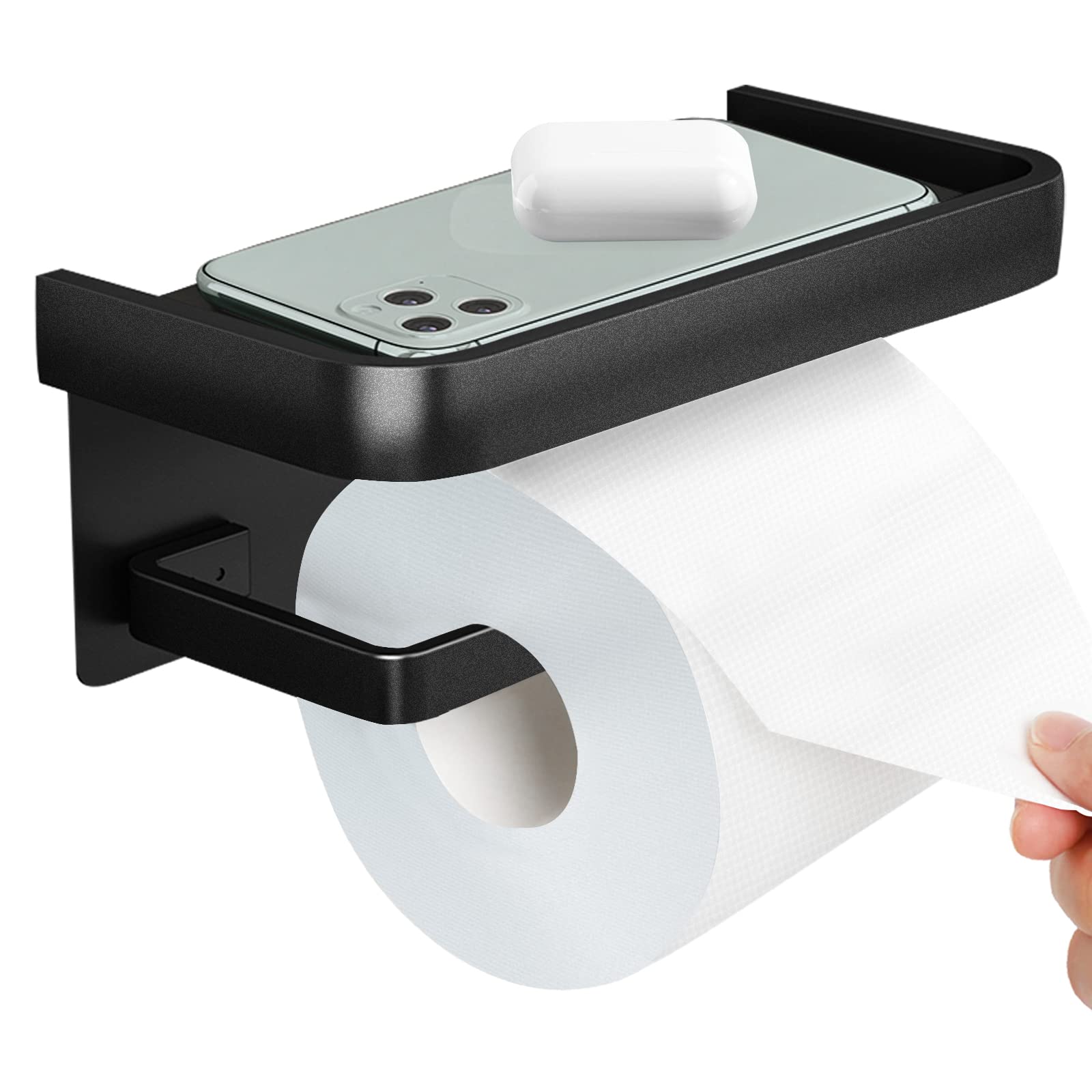 KWANITHINK Matte Black Toilet Paper Holder with Phone Shelf - Wall Mounted Adhesive Bathroom Organizer for Toilet Paper Storage | Perfect for Bathroom, Kitchen & Washroom Organization