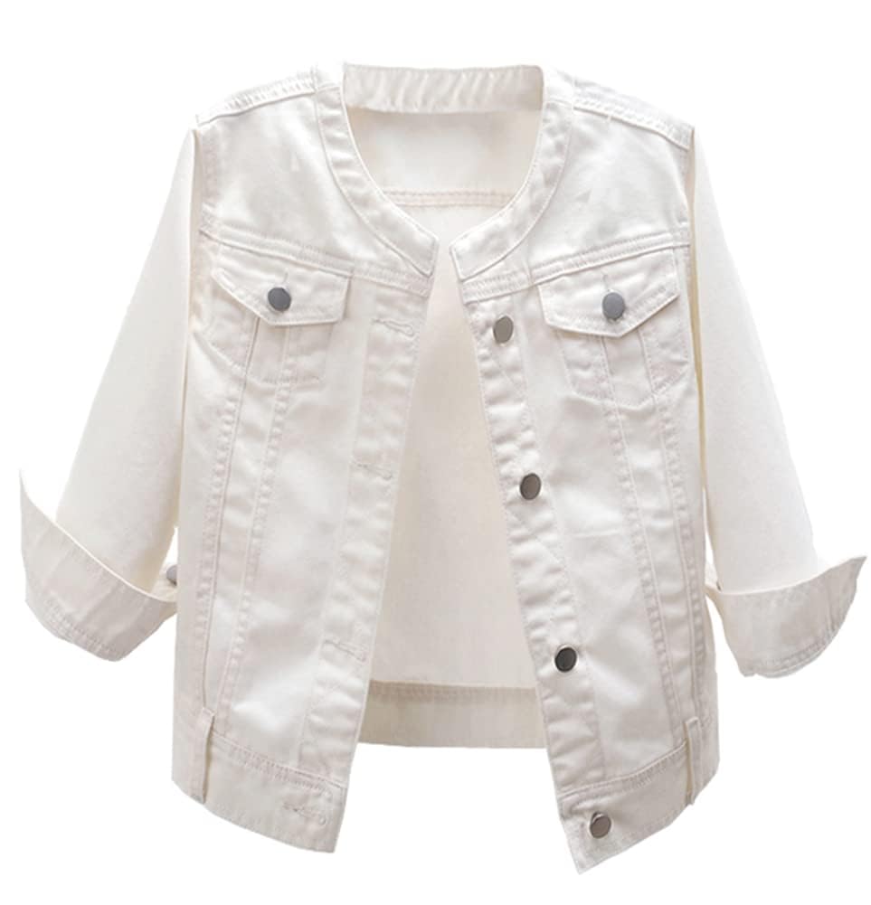 Kedera Women's Denim Jacket - Button Down Collarless 3/4 Sleeve Cropped Jean Jacket for Spring & Fall | Casual Outfit Essential for Streetwear, Layering & Everyday Fashion