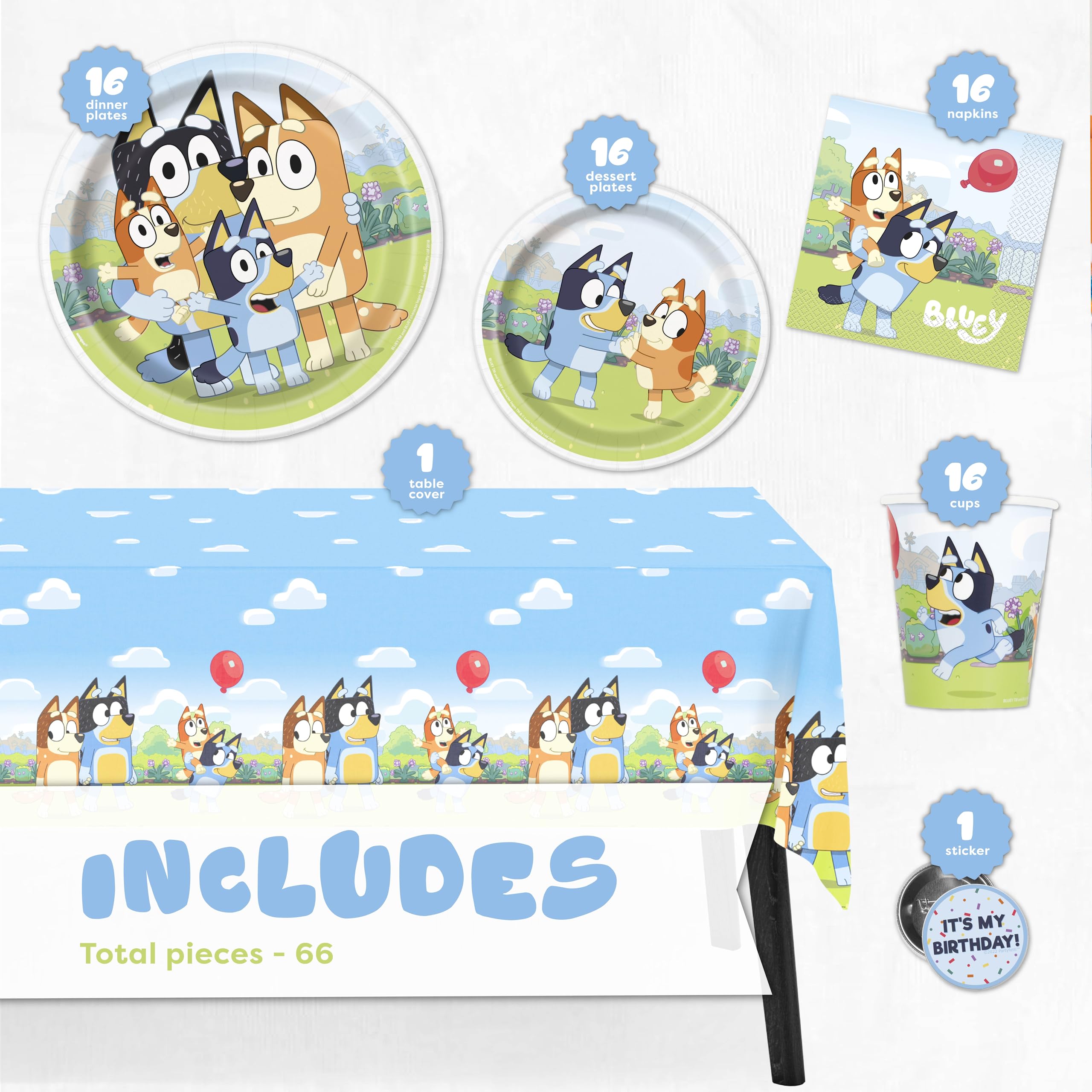 Bluey Birthday Party Supplies Set - Bluey Themed Table Cover, Plates, Cups, Napkins & Buttons for Kids Birthday Decorations | Perfect for Bluey Themed Parties, Baby Showers & Family Gatherings
