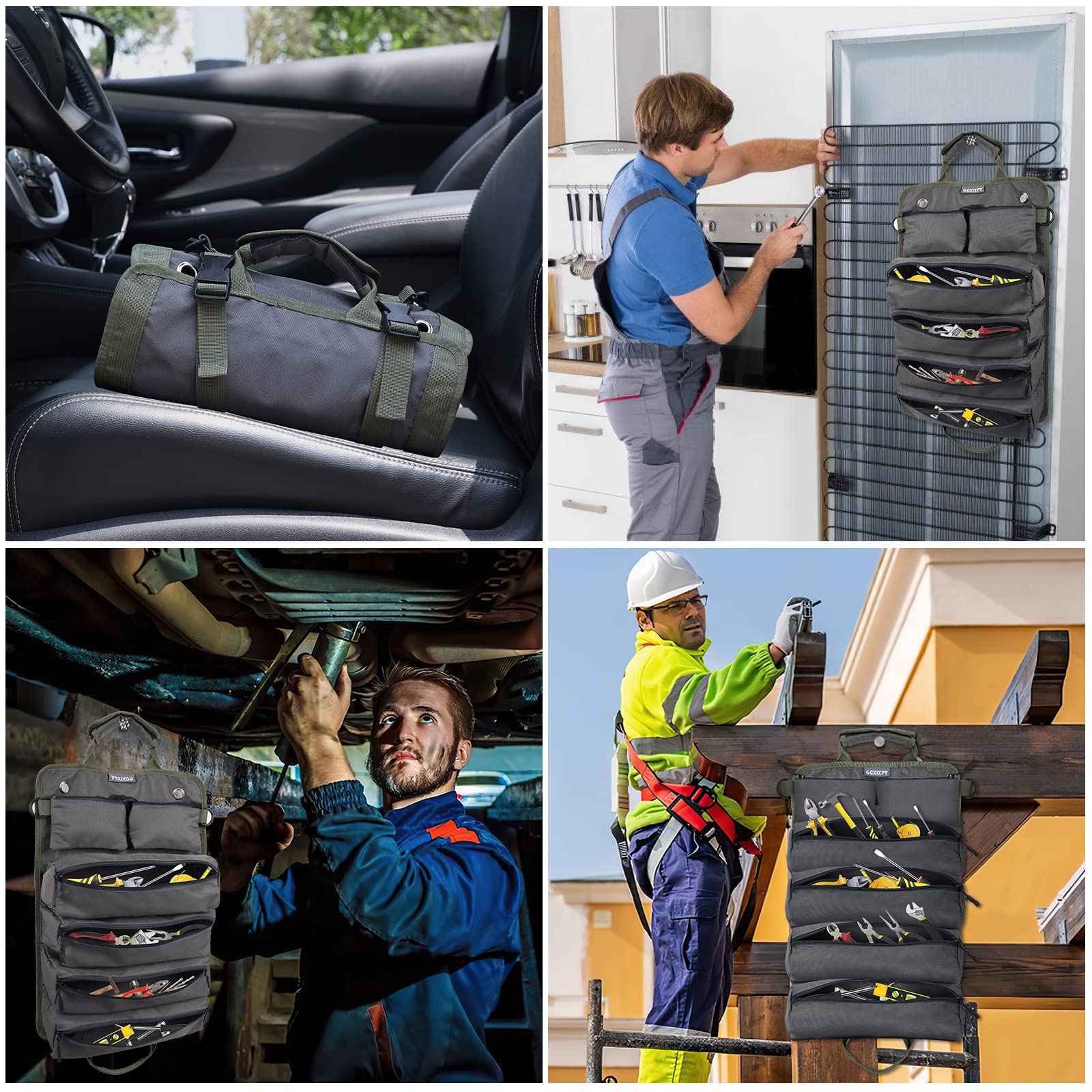 Heavy Duty Roll Up Tool Bag Organizer with Detachable Pouches - Adjustable Shoulder Strap Tool Roll Pouch for Mechanics, Electricians, Motorcycle & Truck Repair - Perfect for Workshop, Garage & On-the-Go Tool Storage