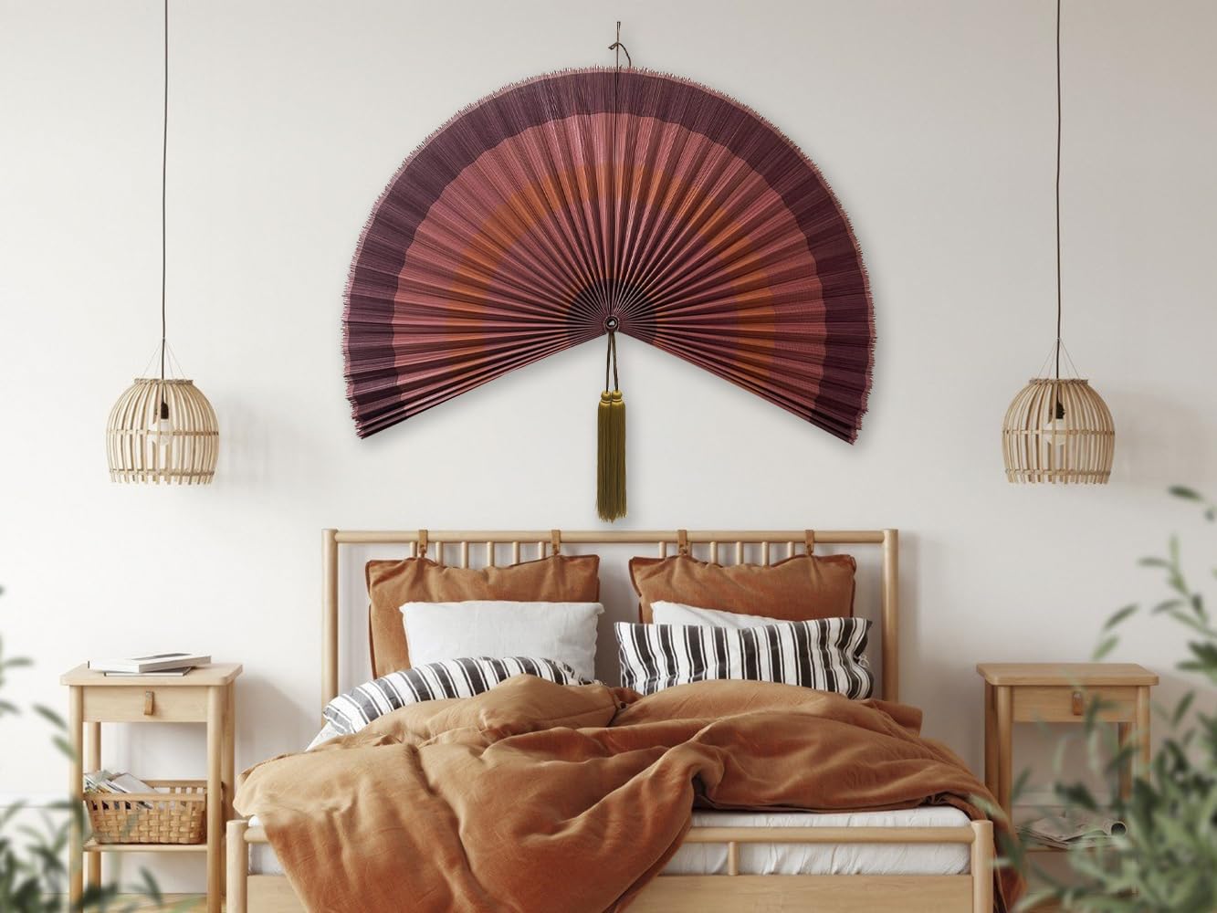 Large Japanese Bamboo Fan Wall Decor - 60 Inch Boho Hanging Headboard Art, Decorative Folding Fan for Over Bed Decor, Terracotta Wall Art for Living Room, Bedroom & Zen Home Decor