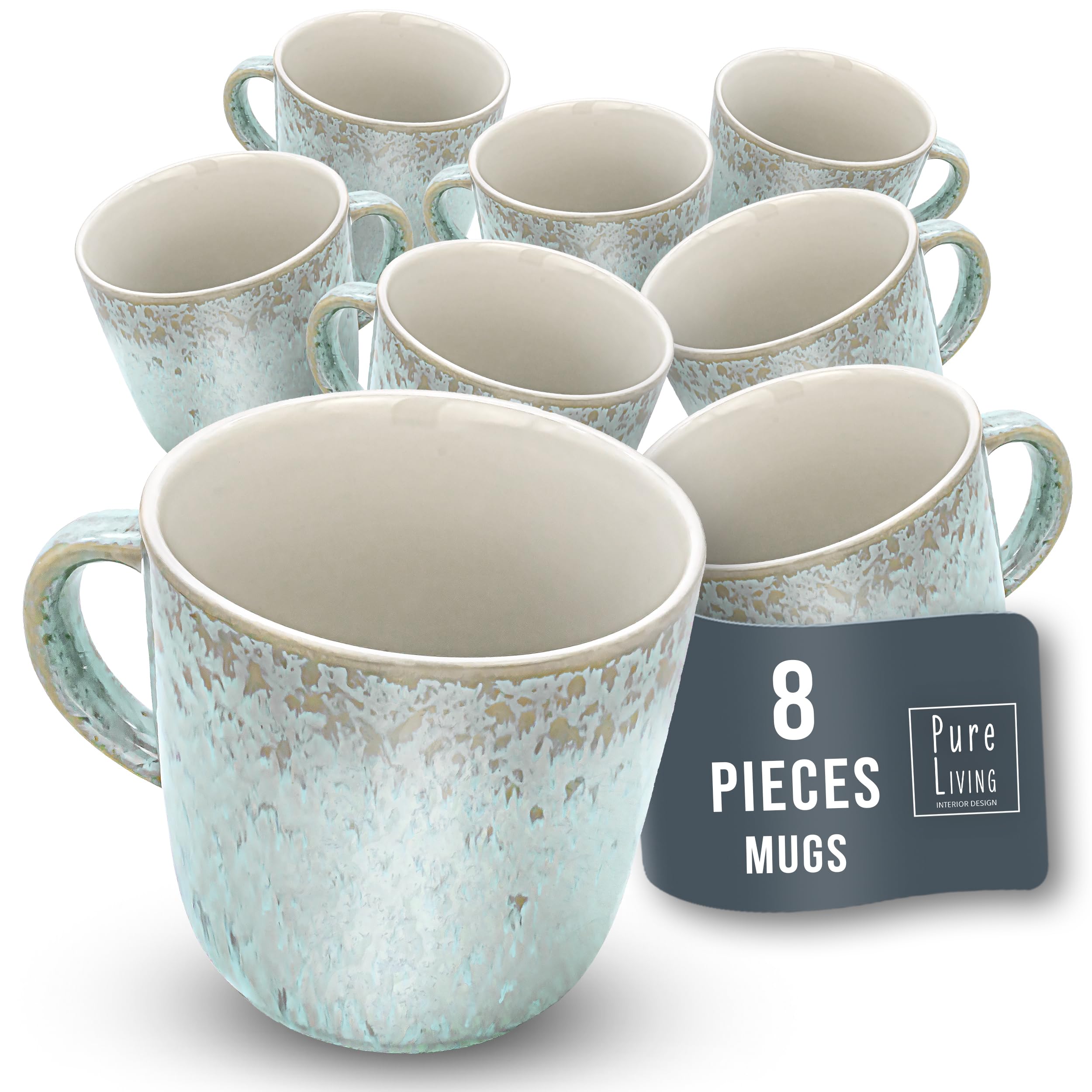 Premium Stoneware Coffee Mugs Set of 8 - Modern Beige & Blue Ceramic Coffee Cups (14.5 Oz) - Dishwasher & Microwave Safe - Perfect for Home, Office, or Gift Giving