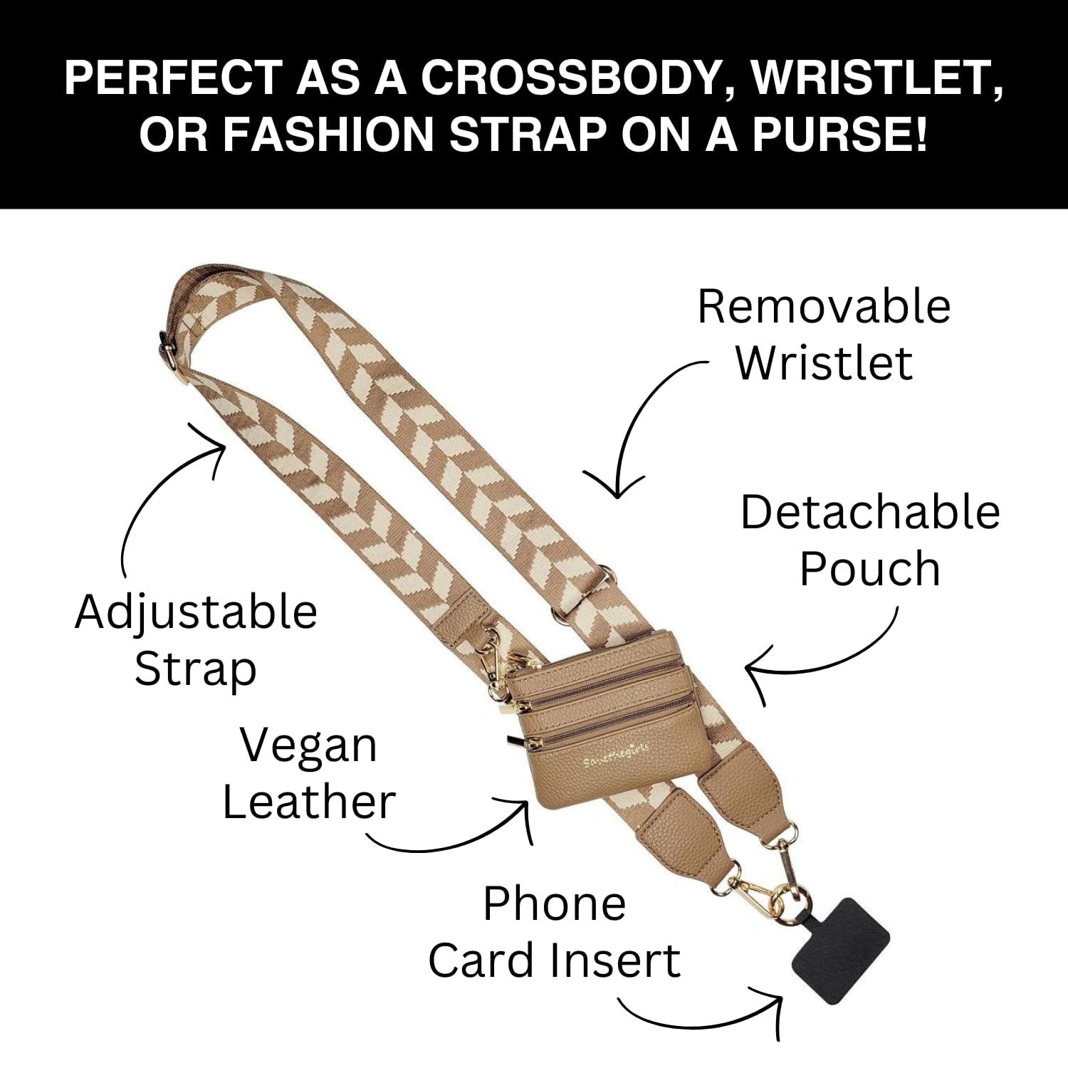 Original Clip and Go Phone Strap (Brown/Cream Chevron) - Crossbody Phone Lanyard with Zippered Wallet Pouch - Stylish and Functional Phone Accessory for Travel, Shopping, and Everyday Use