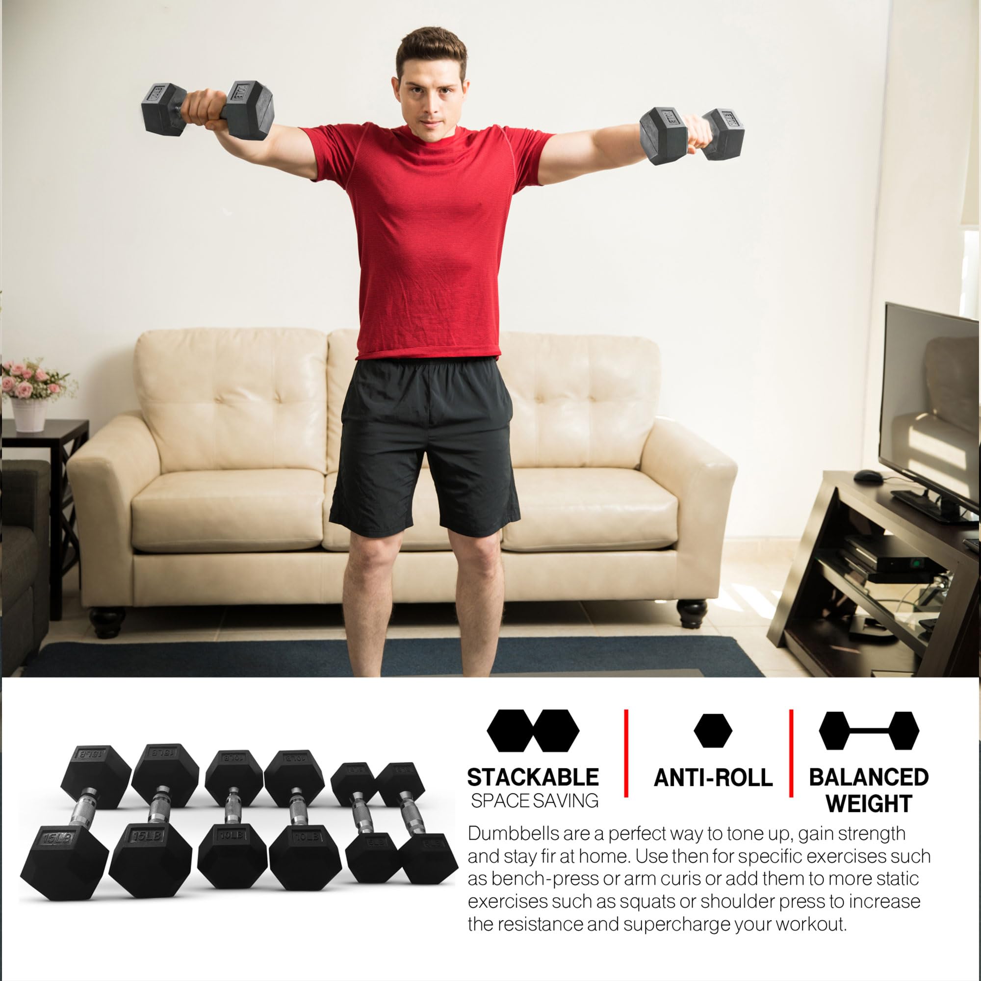 HolaHatha Hexagonal Cast Iron Dumbbell with Textured Grip - Free Weight for Strength Training, Home Gym Workouts, CrossFit & Functional Fitness Exercises