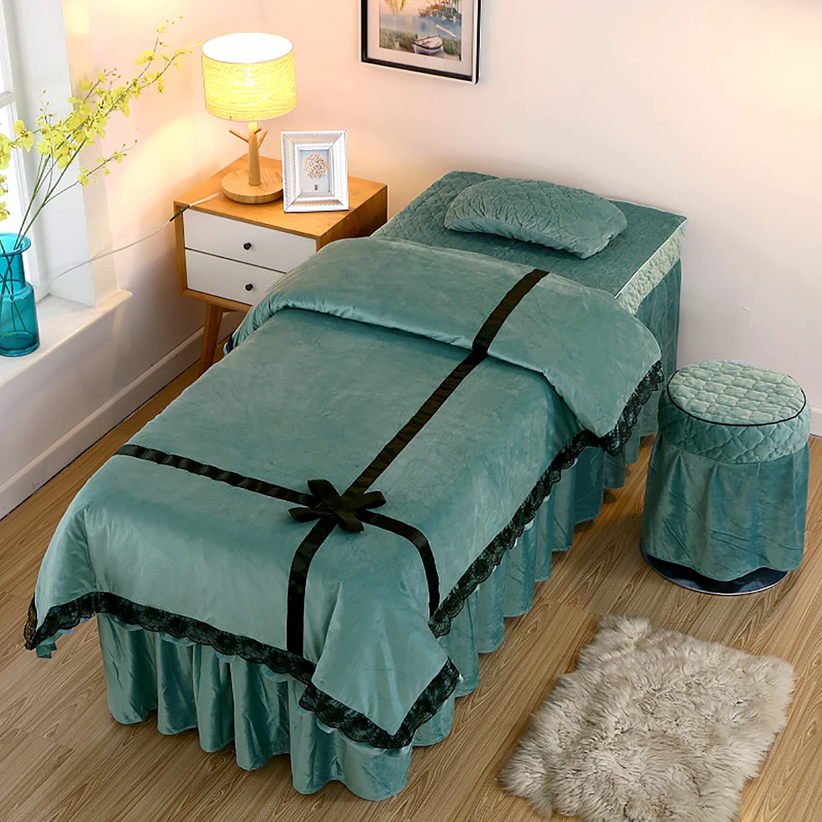 4-Piece Flannel Thickened Lace Massage Table Sheet Set - Soft Warm Beauty Bedspreads, Cotton Spa Solid Color for Body Physiotherapy Massage - Green 180x60cm (71x24inch) - Perfect for Massage Therapy, Spa Treatments, and Home Relaxation