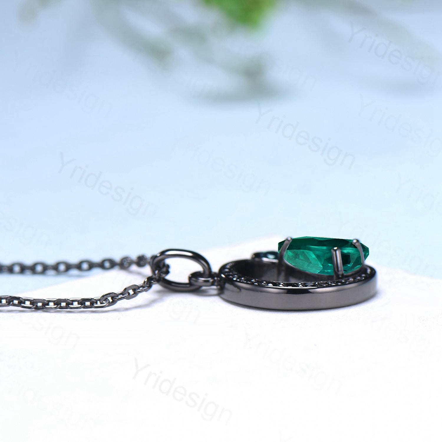 Magic Crescent Moon Black Gold Emerald Necklace - Gothic Pendant with Pear Shaped Emerald & Black Spinel - Unique Anniversary Gift for Women - Perfect for Date Nights, Weddings & Special Occasions