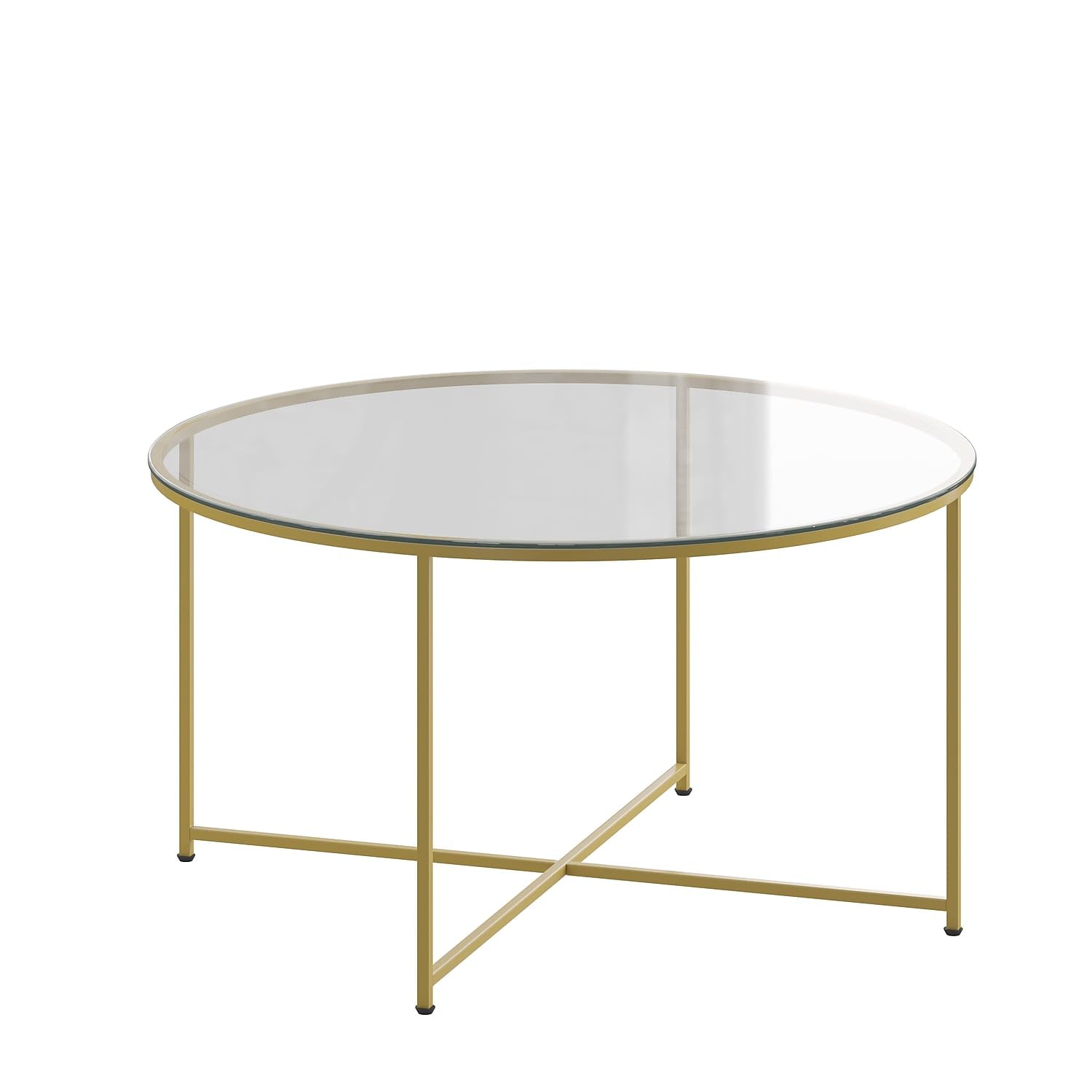 Flash Furniture Greenwich Collection Modern Glass Coffee Table with Brushed Gold Crisscross Frame - Stylish Living Room Centerpiece for Home Decor