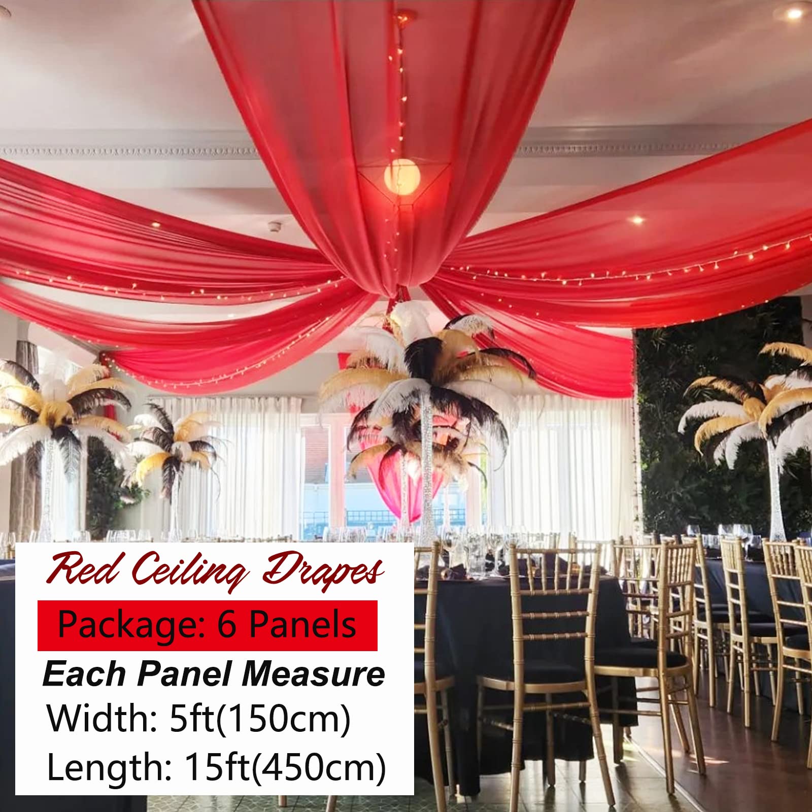 Elegant Red Chiffon Ceiling Drapes - 6 Panels 5ftx15ft Wedding Arch Draping Fabric with Rod Pocket - Perfect for Wedding Decor, Party Backdrops & Home Decoration