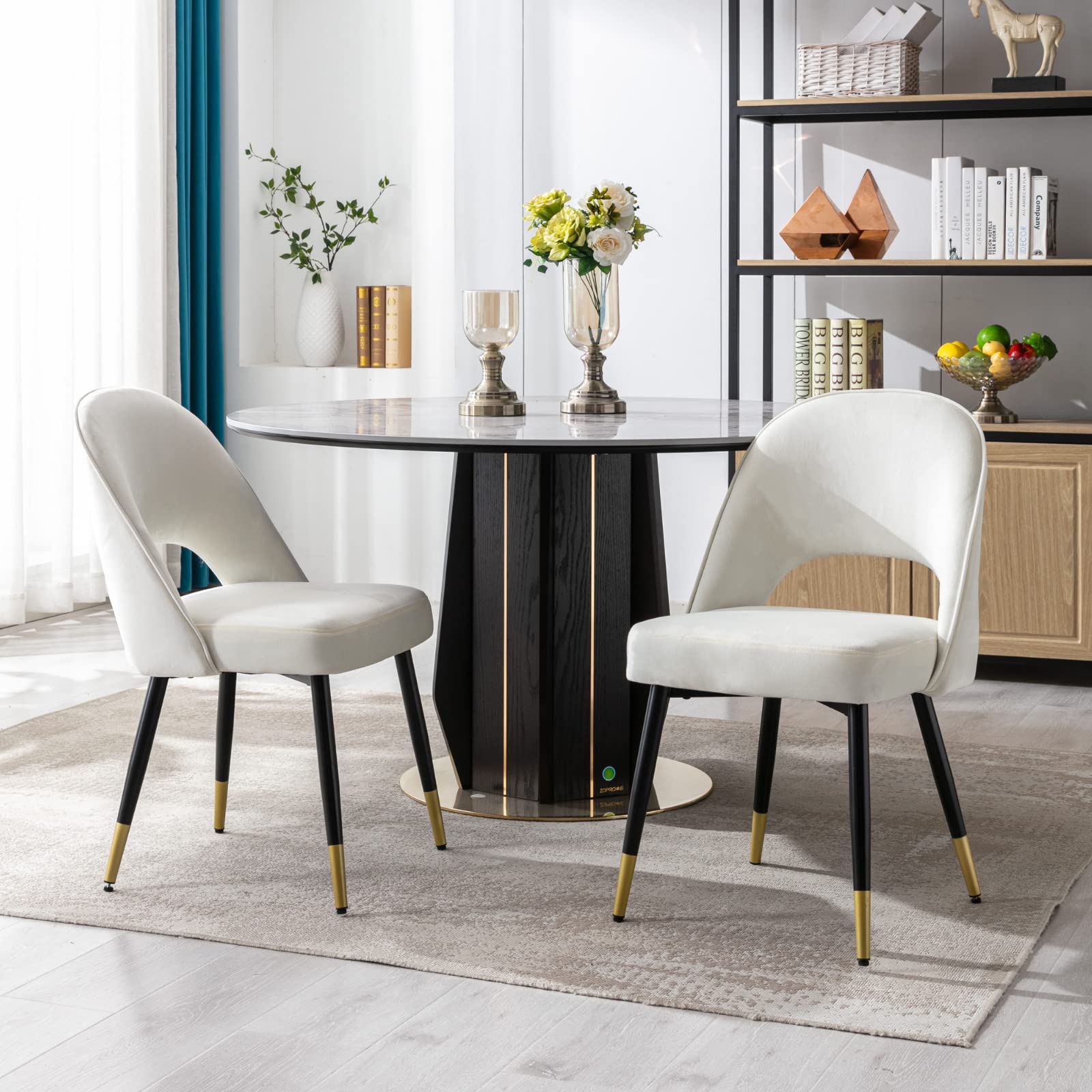 LukeAlon Classic Velvet Dining Chairs Set of 2 - Mid Century Modern Upholstered Armless Side Chairs with Open Back & Metal Legs for Kitchen, Dining Room - Beige Velvet Fabric - Perfect for Home Decor, Restaurant, and Cafe Seating