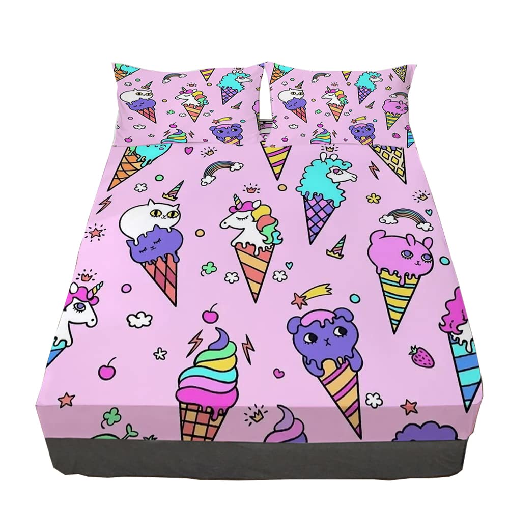 3D Unicorn Cat Ice Cream Bed Sheet Set - Soft Cozy Microfiber Queen Size (1 Fitted Sheet + 2 Pillowcases) for Kids, Girls & Teens | Colorful Dessert-Themed Bedding | Perfect for Bedrooms, Sleepovers & Birthday Gifts