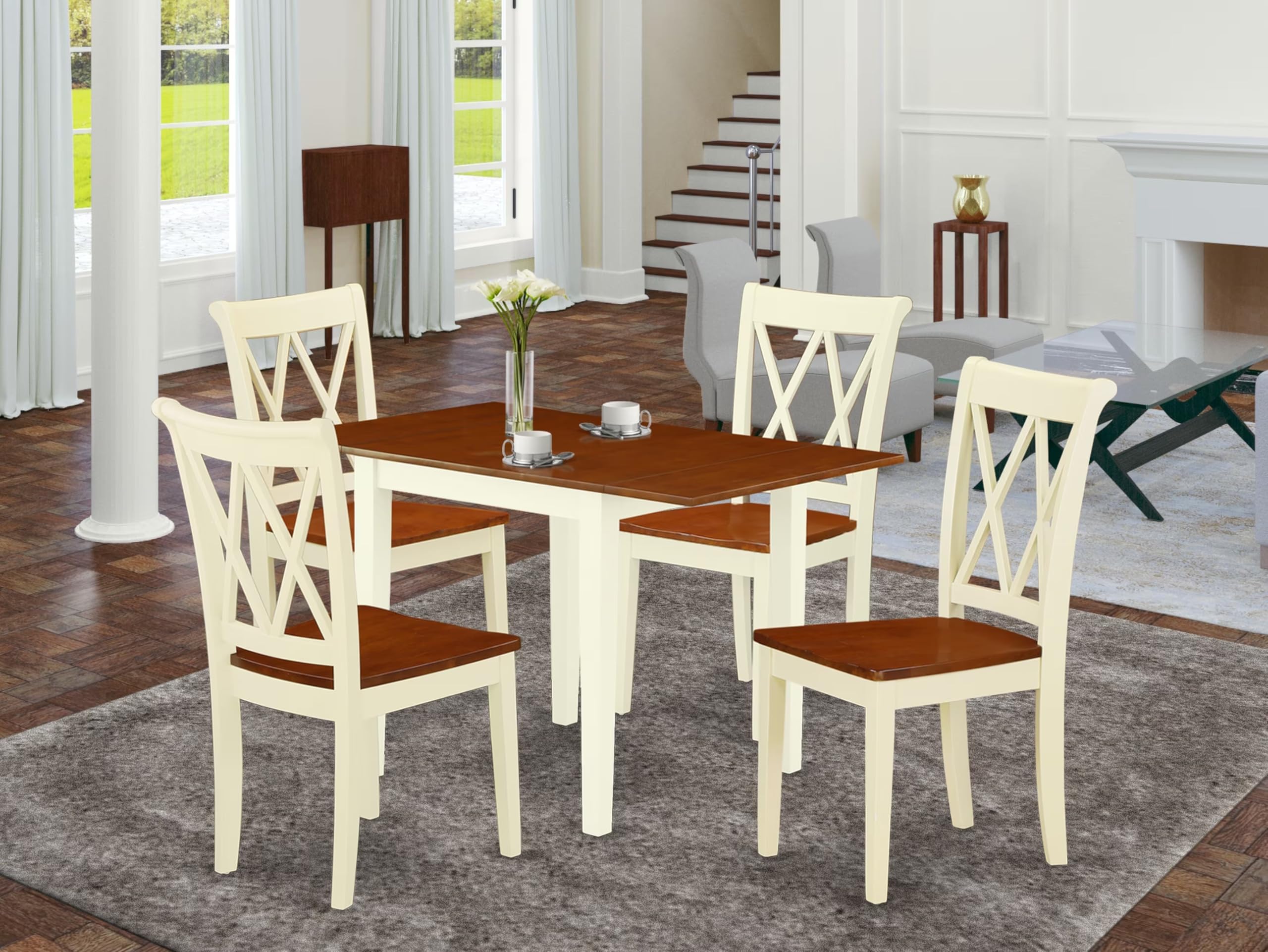 East West Furniture 5-Piece Dining Room Set - Rectangle Drop Leaf Kitchen Table & 4 Chairs, 30x48 Inch, Buttermilk & Cherry Finish - Perfect for Small Spaces, Breakfast Nooks & Cozy Family Meals