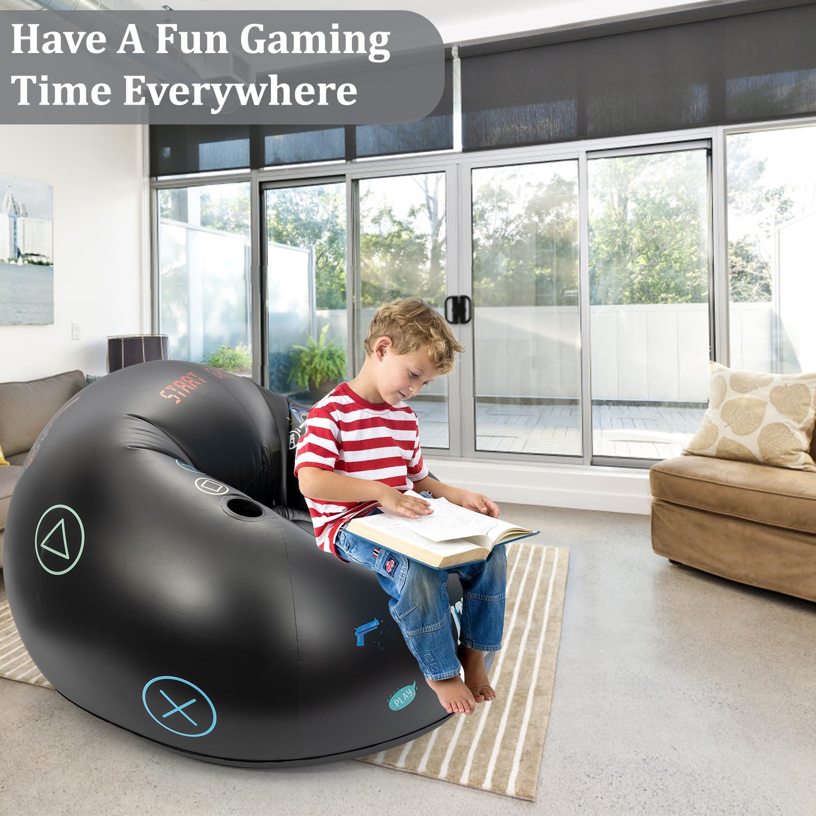 Inflatable Gaming Chair for Kids & Teens - Portable Floor Bean Bag Chair with Cup Holder & Side Pocket | Boys Room Furniture, Gaming Couch for Bedroom Decor | Perfect for Video Games, Movie Nights & Sleepovers