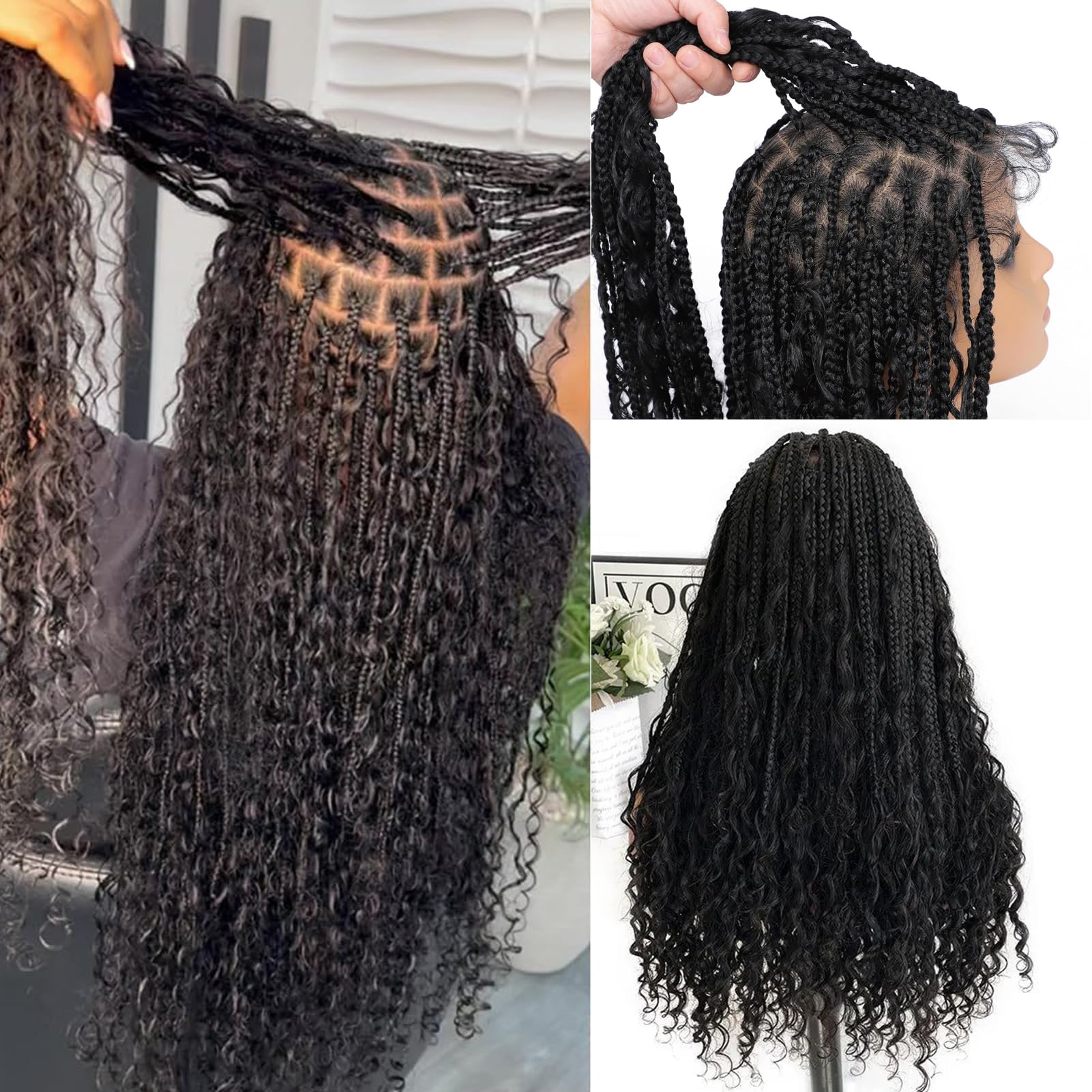 YMS Boho Box Braids Wigs | 24 Inch Human Hair Full Lace Wigs with Curls | Knotless Bohemian Braided Wigs for Women | Pre-Plucked with Baby Hair & Square Part | Perfect for Parties, Weddings & Protective Styling