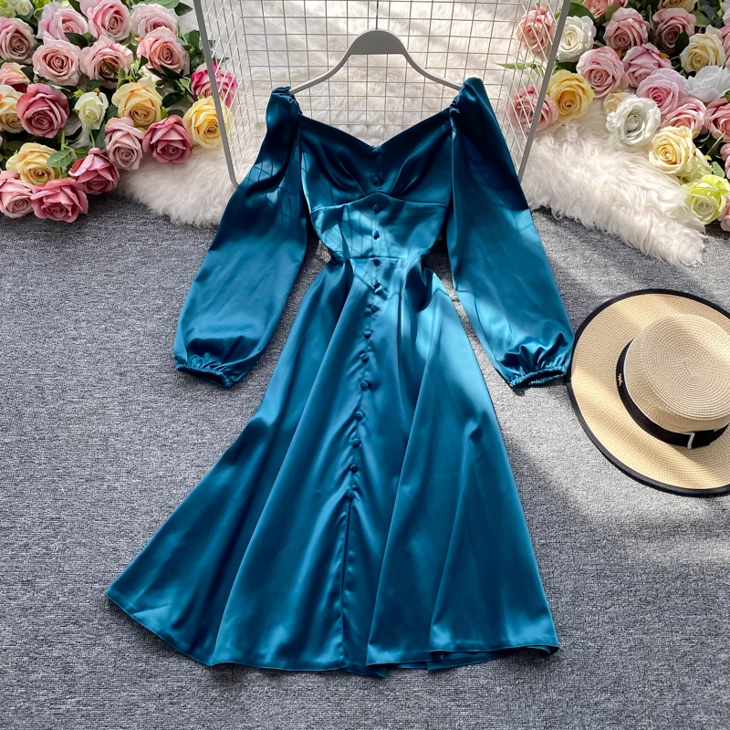 Elegant French Midi V-Neck Long Sleeve Summer Dress for Women - Perfect for Beach Vacations, Garden Parties & Date Nights