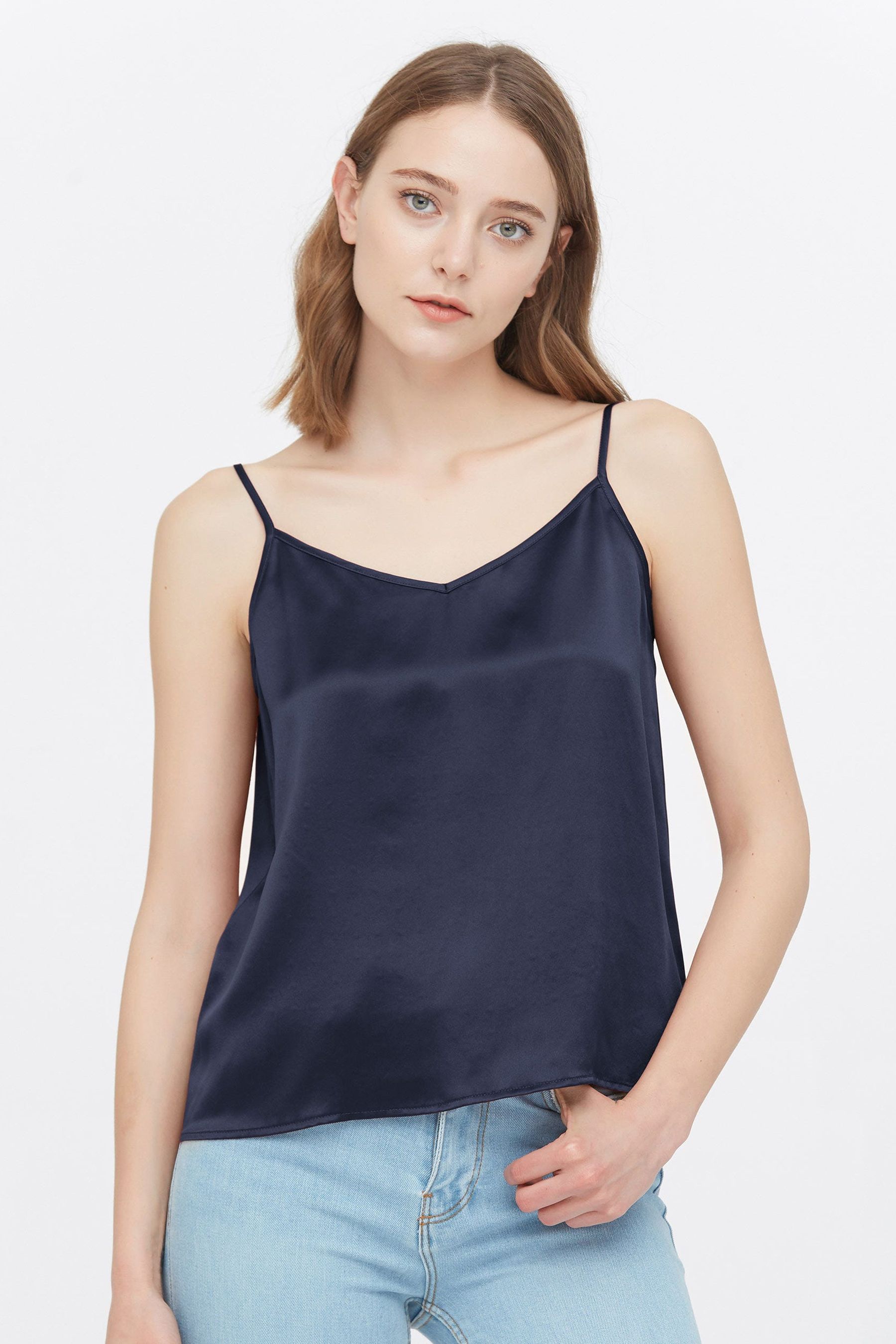 Silk V-Neck Camisole for Women - Front & Back Lace Trim - Elegant Sleepwear & Layering Piece for Nightwear, Loungewear, and Summer Outfits