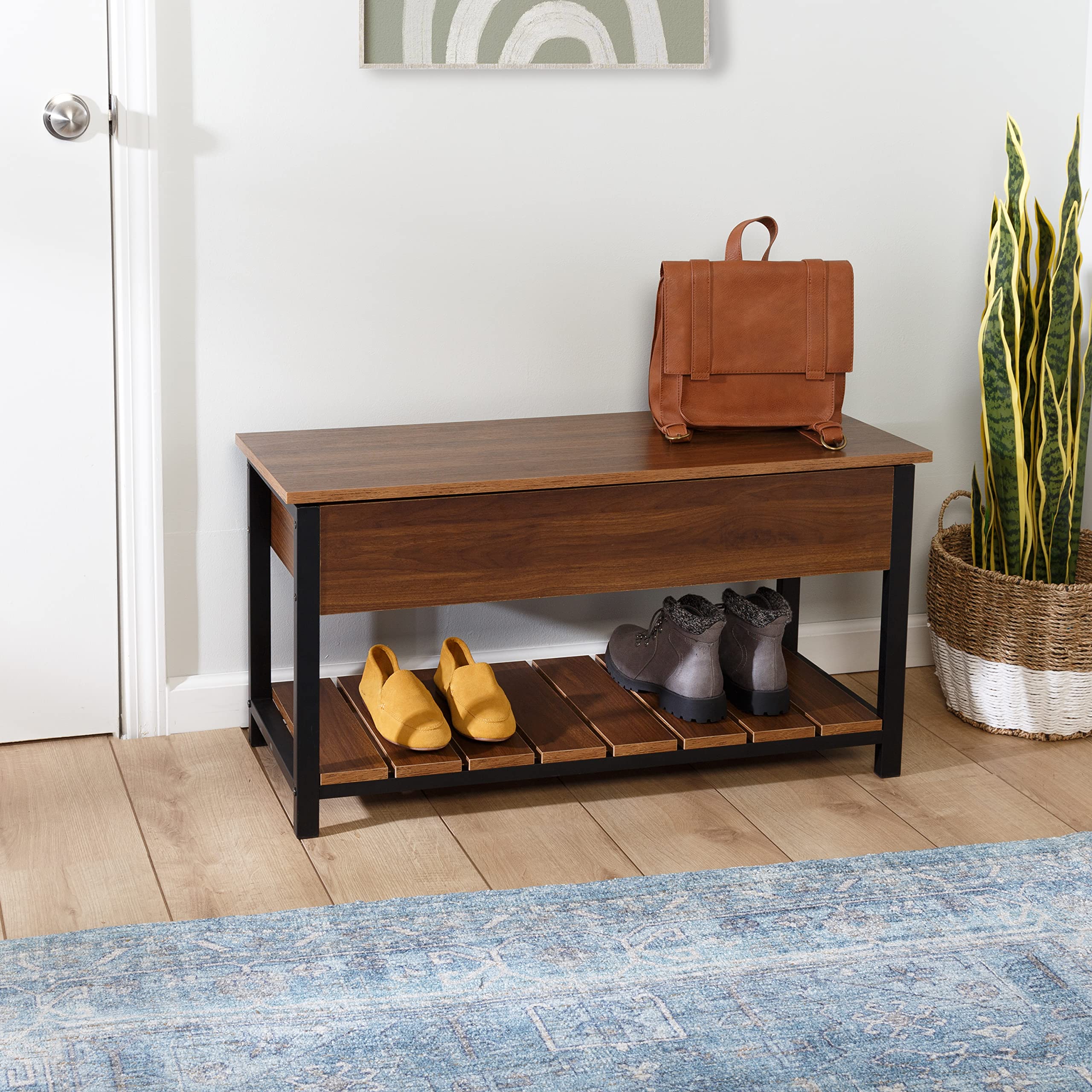 Honey-Can-Do Entryway Shoe Storage Bench with 250 lbs Weight Capacity - Walnut Finish STO-09776 | Perfect for Mudroom, Hallway & Small Space Organization