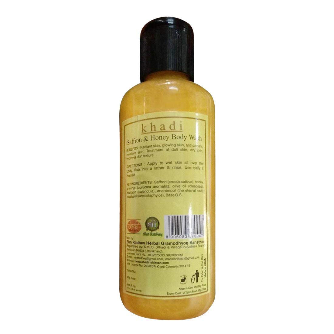 Khadi Rishikesh Herbal Saffron & Honey Body Wash (210ml) - Natural & Moisturizing for Men & Women - Perfect for Daily Skincare & Relaxing Bath Time