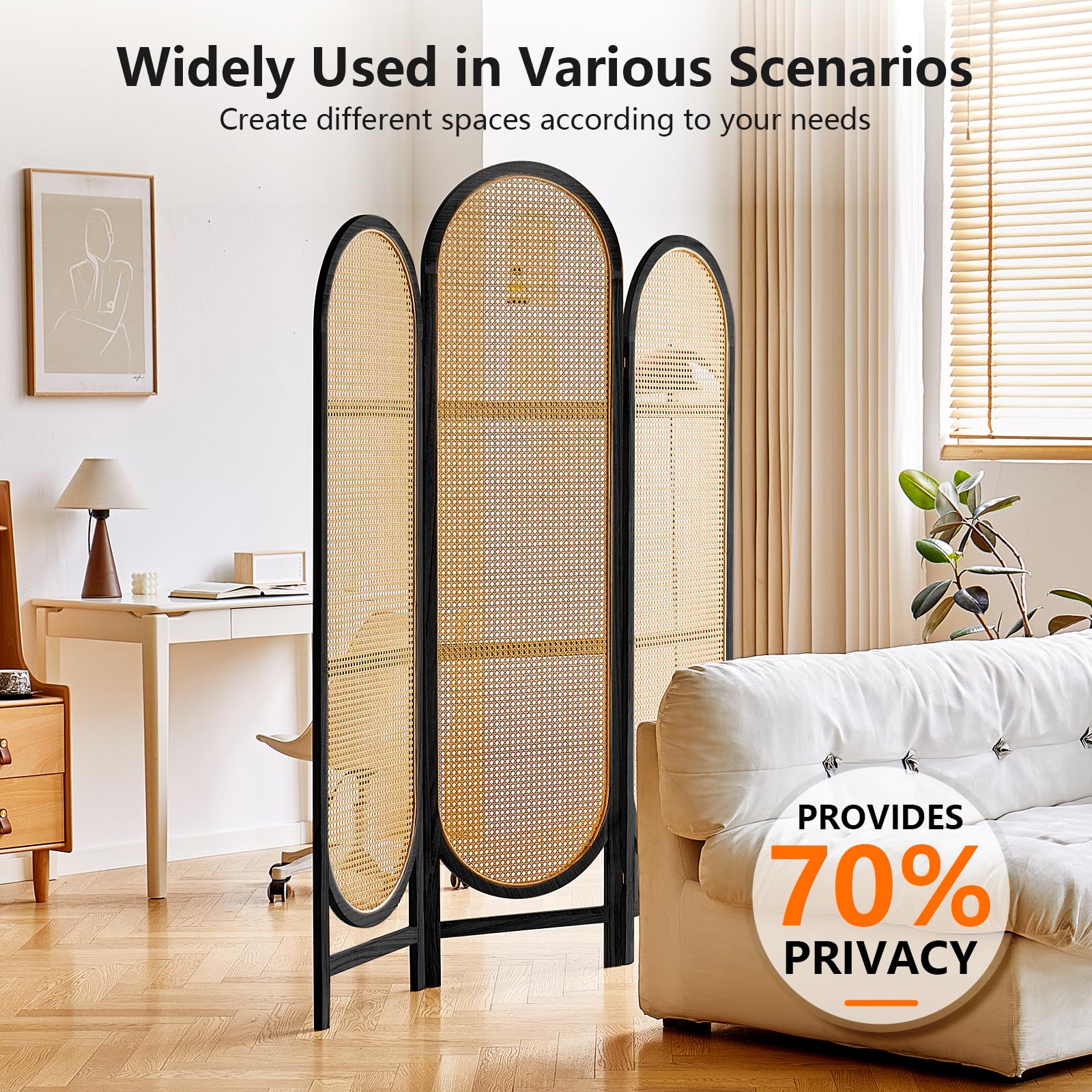 3-Panel Rattan Room Divider Screen - Foldable Privacy Partition with Unique Design | Freestanding Portable Room Separator for Home, Office & Events | Black