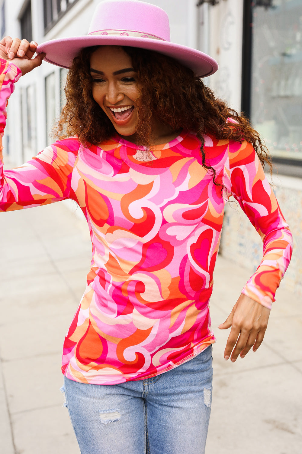 Red & Pink Floral Print Soft Knit Top for Women - Buttery Smooth Fitted Blouse for Date Night & Romantic Outfits