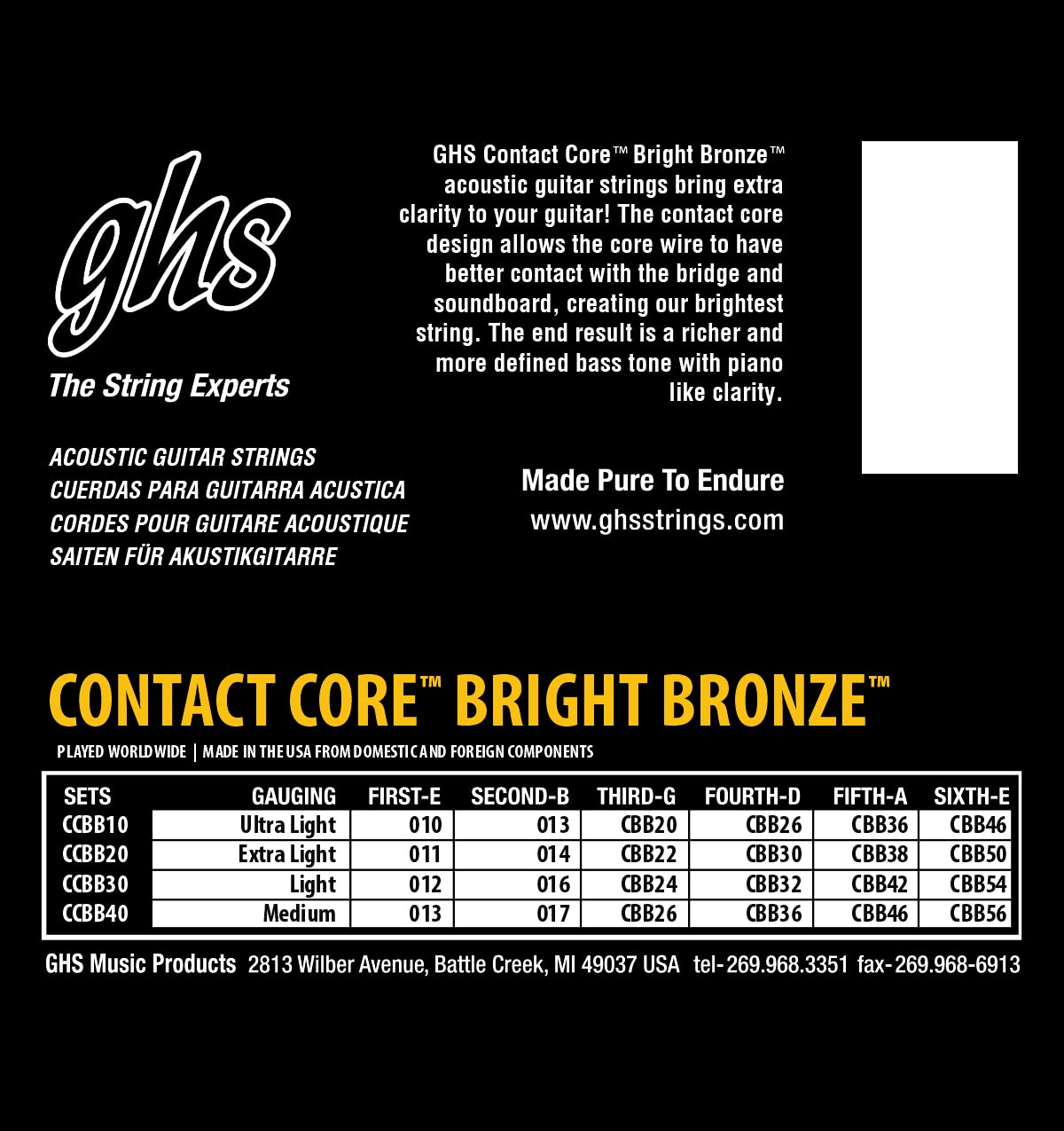 GHS Strings - Contact Core Bright Bronze Acoustic Guitar Strings - Light Gauge 12-54 - Model CCBB30 - Perfect for Folk, Country & Fingerstyle Playing