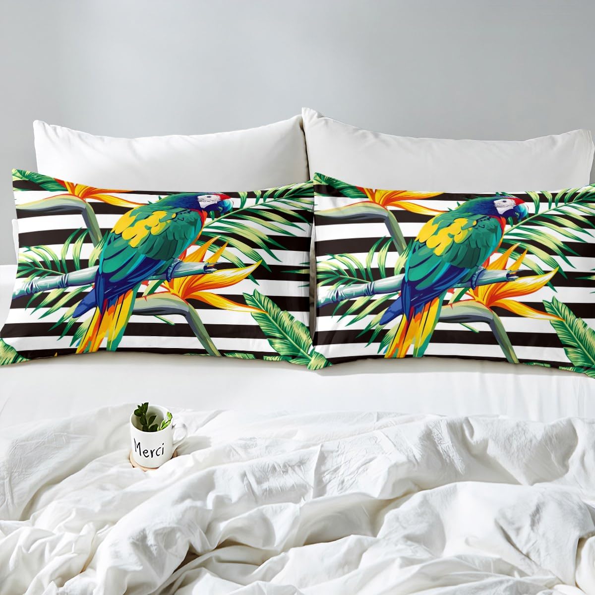 Erosebridal Tropical Tree Duvet Cover Twin - Black & White Stripe Bedding Set with Green Palm Leaves, Parrot & Botanical Yellow Floral Design | Includes 1 Pillow Sham | Perfect for Beach House, Boho Bedroom or Jungle-Themed Decor