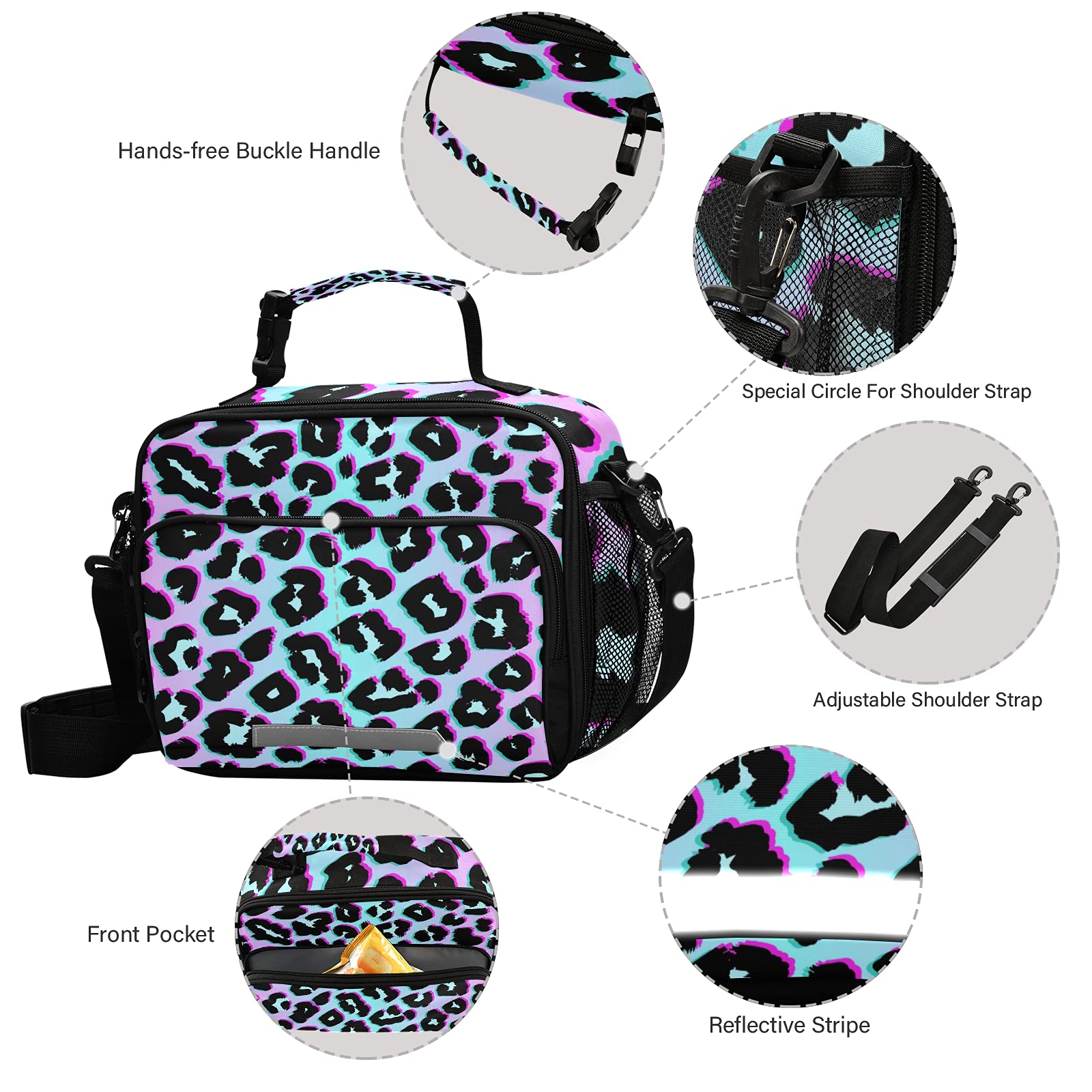 Insulated Lunch Bags for Kids - Leopard & Rainbow Print Thermal Cooler Box with Shoulder Strap - Water-Resistant School Lunch Box for Boys & Girls - Perfect for School, Picnics & Outdoor Activities
