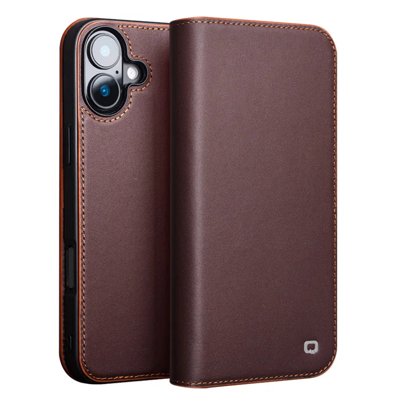 QIALINO Genuine Leather Wallet Case for iPhone 16 Pro - Handmade Premium Leather Phone Cover with Card Slots | Perfect for Everyday Use, Travel & Business (Black/Brown)