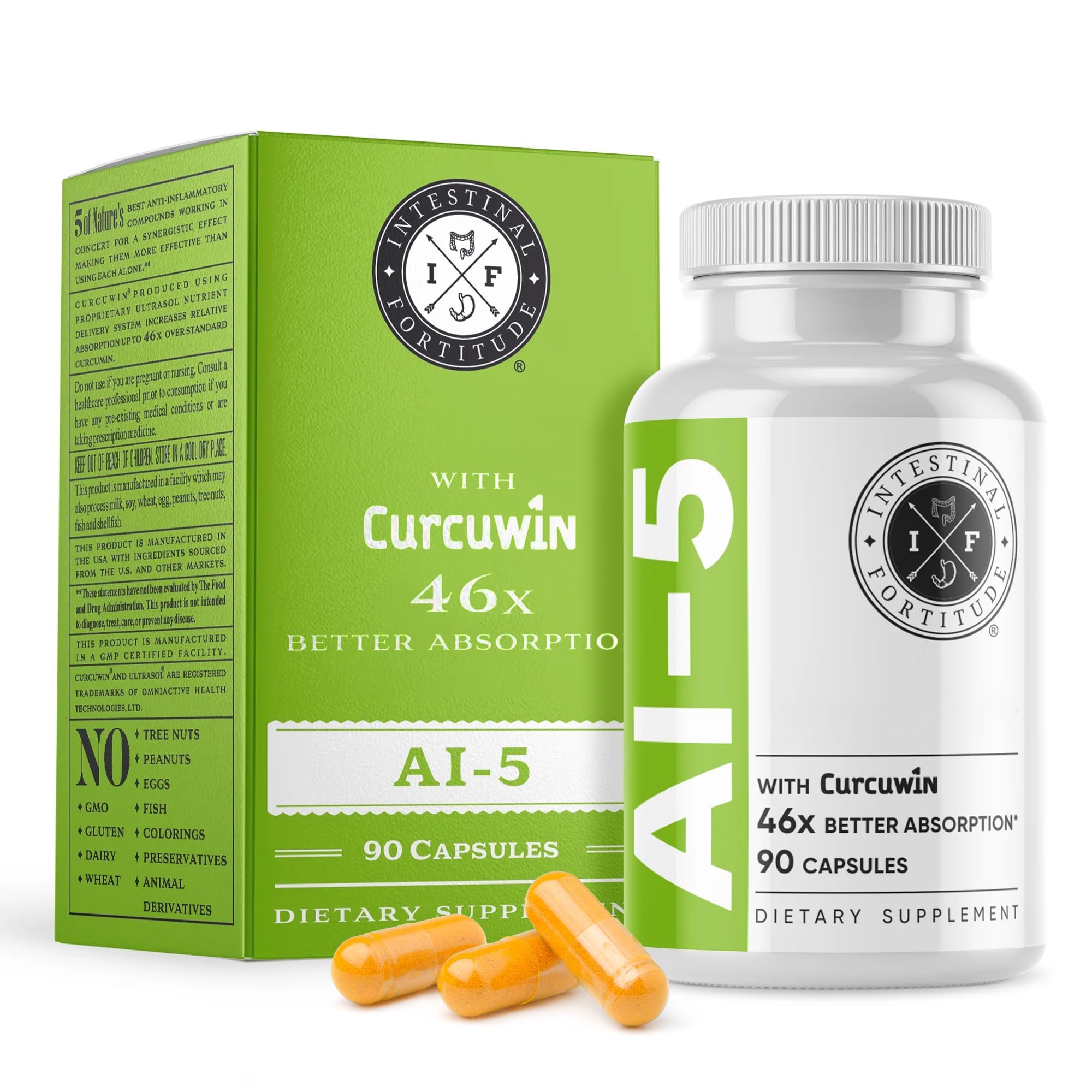 Intestinal Fortitude AI-5 Digestive Support Supplement - Turmeric Curcumin with CurcuWIN, Boswellia Serrata, Ginger Root & Green Tea EGCG for Gut Health - Non-GMO, Dairy Free - Supports Digestion & Bloating Relief for Active Lifestyles