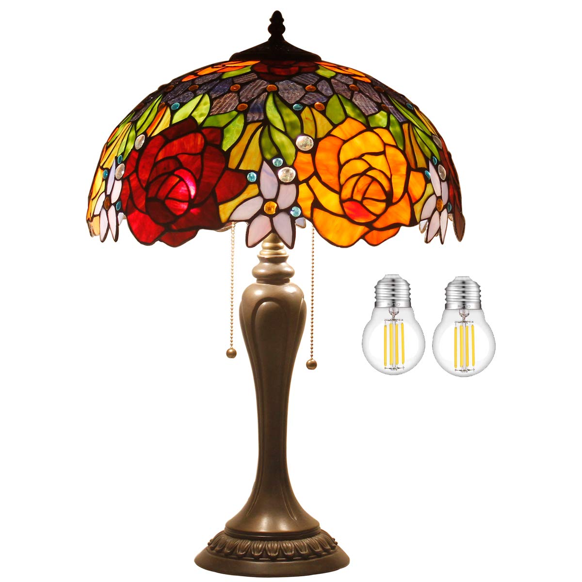 Tiffany Style Stained Glass Table Lamp - 16x16x24 Inches Red Rose Design with Resin Base, Bedside Reading Light for Bedroom, Living Room & Home Office Decor | Perfect for Cozy Nights & Elegant Home Accents