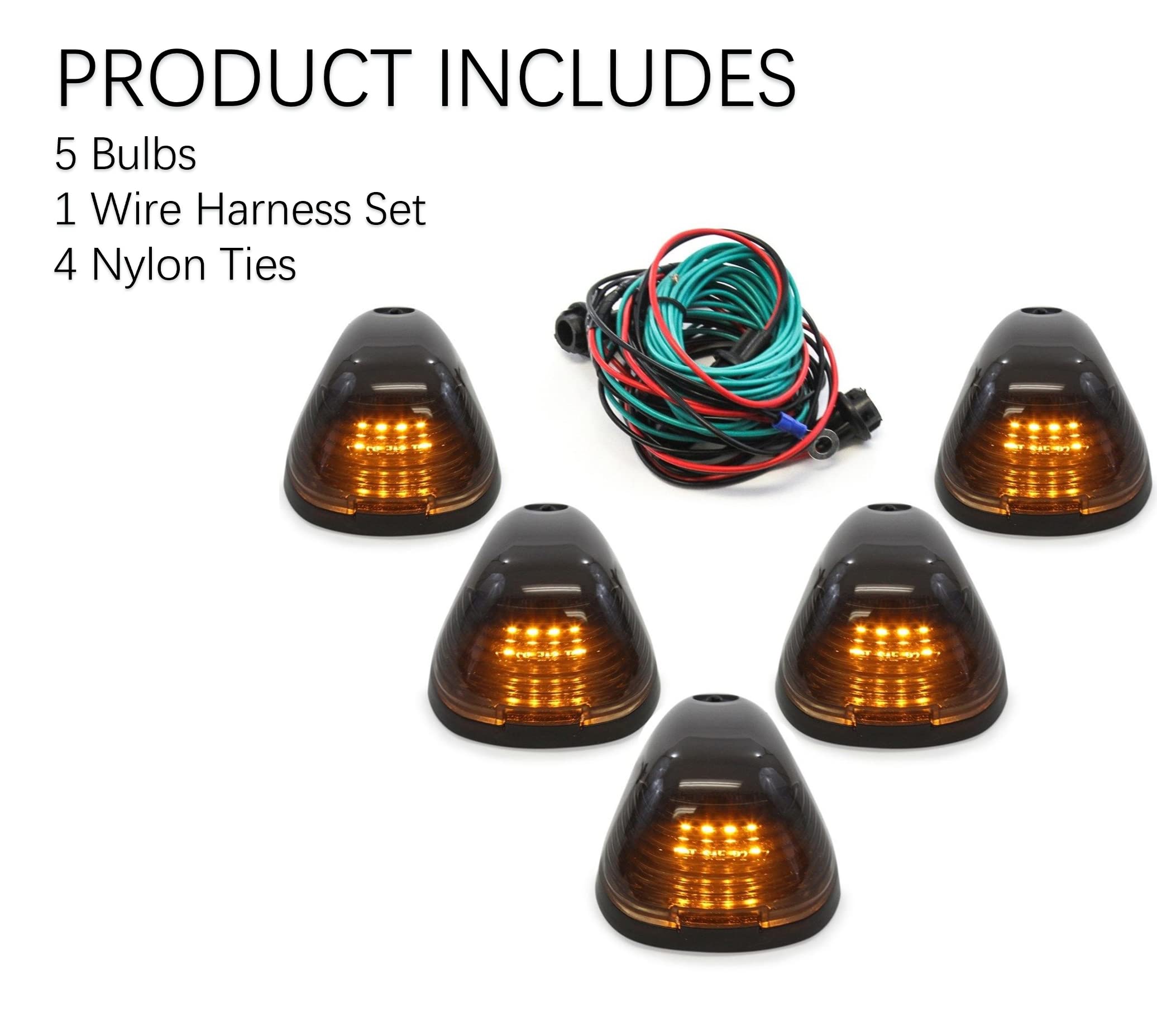 Amber LED Cab Roof Running Lights with Smoked Lens - 5PCS Cab Marker & Top Clearance Light Replacement for Trucks & Trailers - Perfect for Night Driving & Enhanced Vehicle Visibility