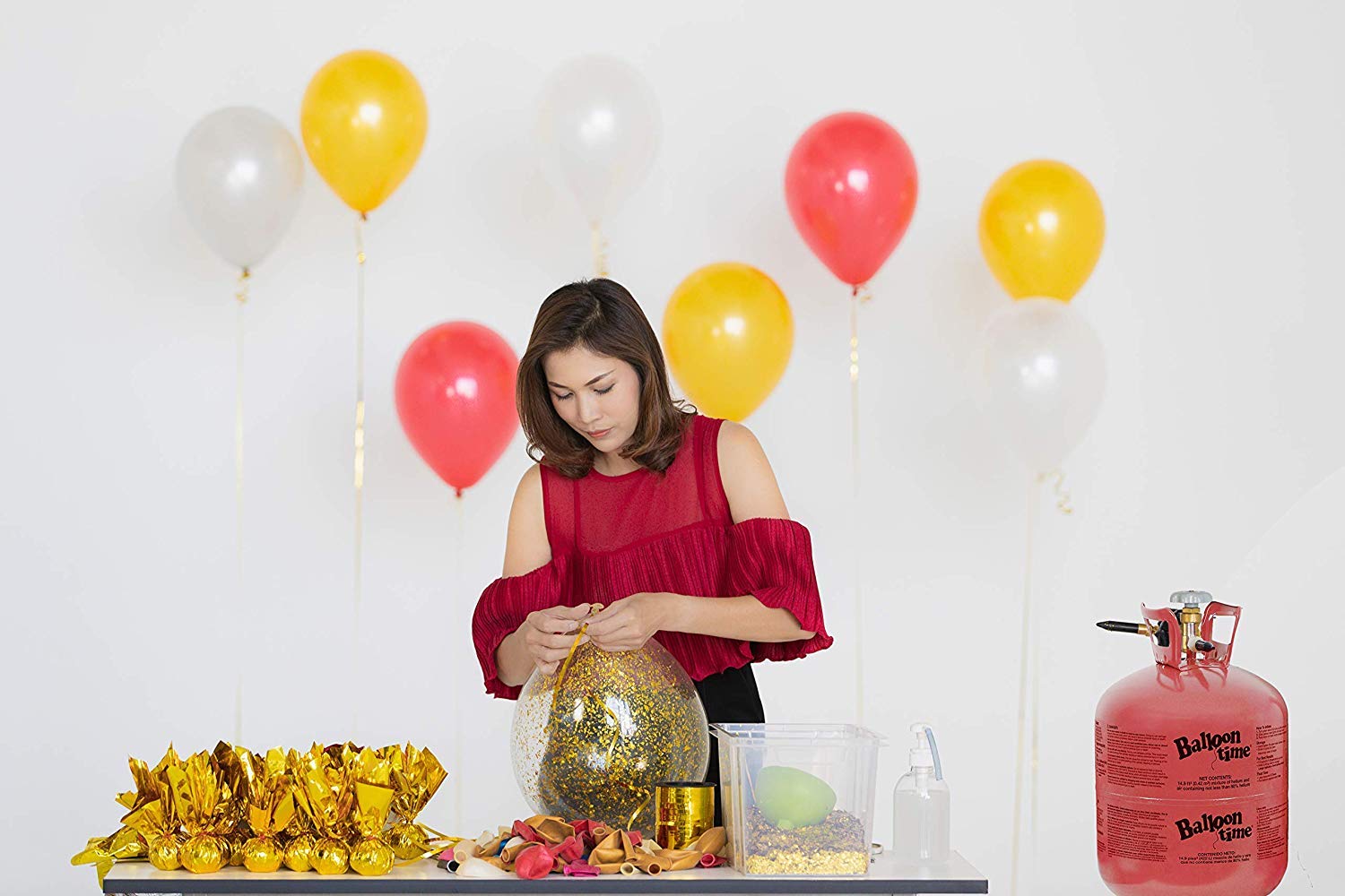 **Helium Tank Kit with 50 Latex Balloons, White Ribbon, 12 Balloon Weights & Tying Tool - Perfect for Birthday Parties, Weddings & Events**