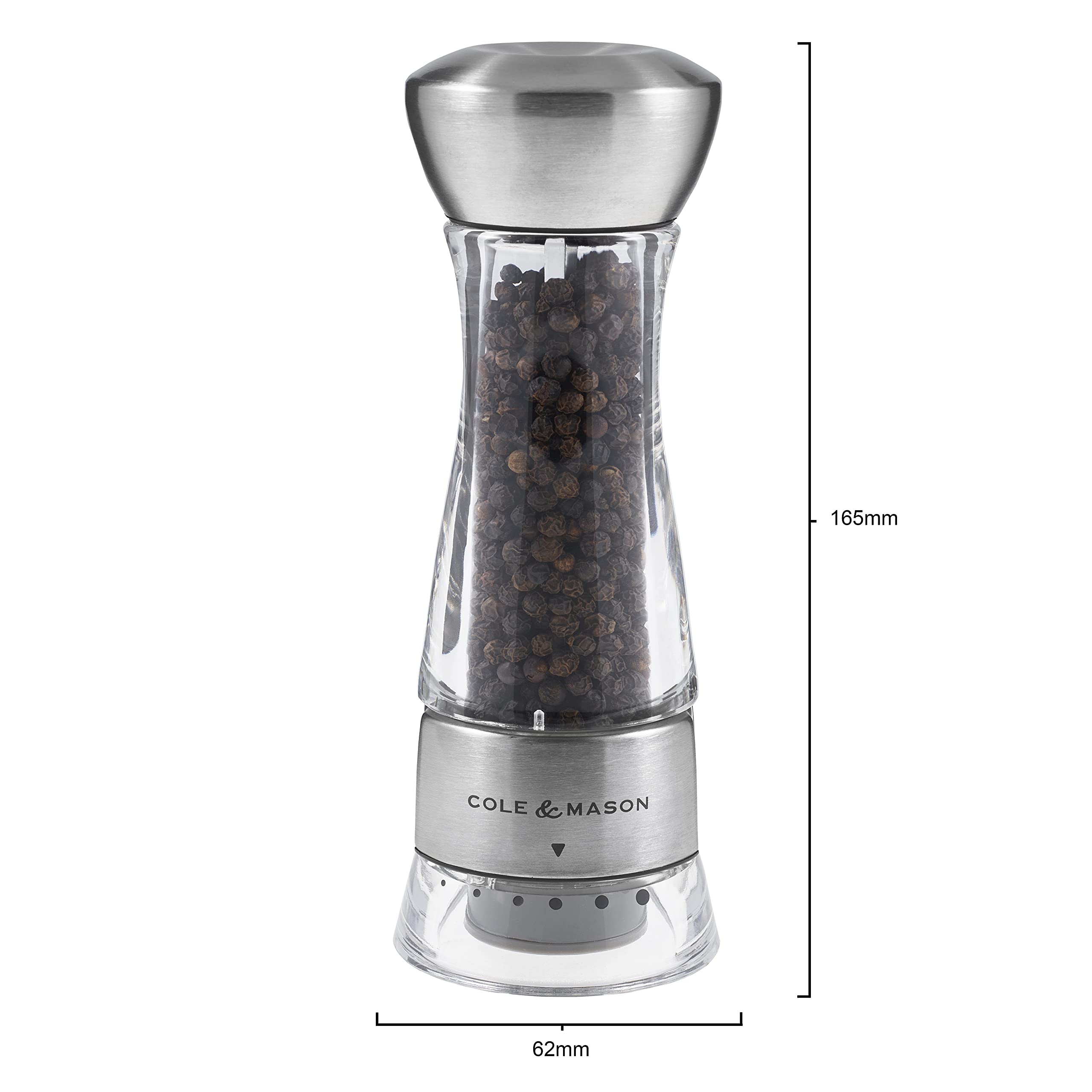 Cole & Mason H59301G Windermere Precision+ Pepper Mill - Stainless Steel & Acrylic Pepper Grinder (165mm) - Adjustable Coarseness for Fresh Ground Pepper - Perfect for Kitchen, Dining Table & Gourmet Cooking