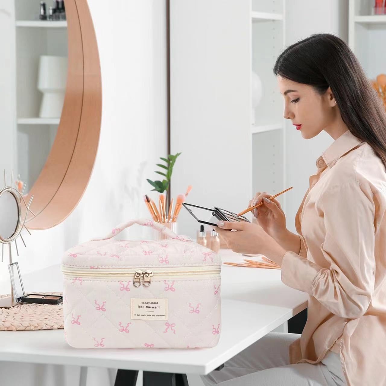 Large Travel Quilted Makeup Bag with Cute Bow - Cotton Cosmetic Organizer for Women & Girls | Floral Coquette Aesthetic Toiletry Pouch | Perfect for Travel, Gym, and Everyday Use
