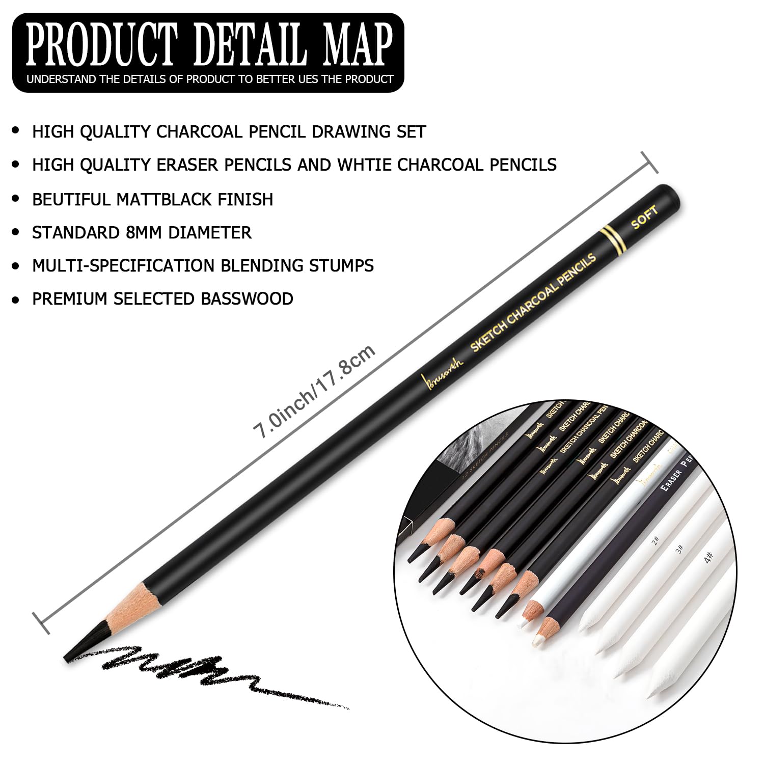 Professional 12-Piece Charcoal Drawing Set - Black & White Charcoal Pencils, Blending Stumps, Eraser Pencils for Sketching, Shading & Art | Perfect for Beginners & Professional Artists | Ideal for Portrait Drawing, Still Life & Art Classes