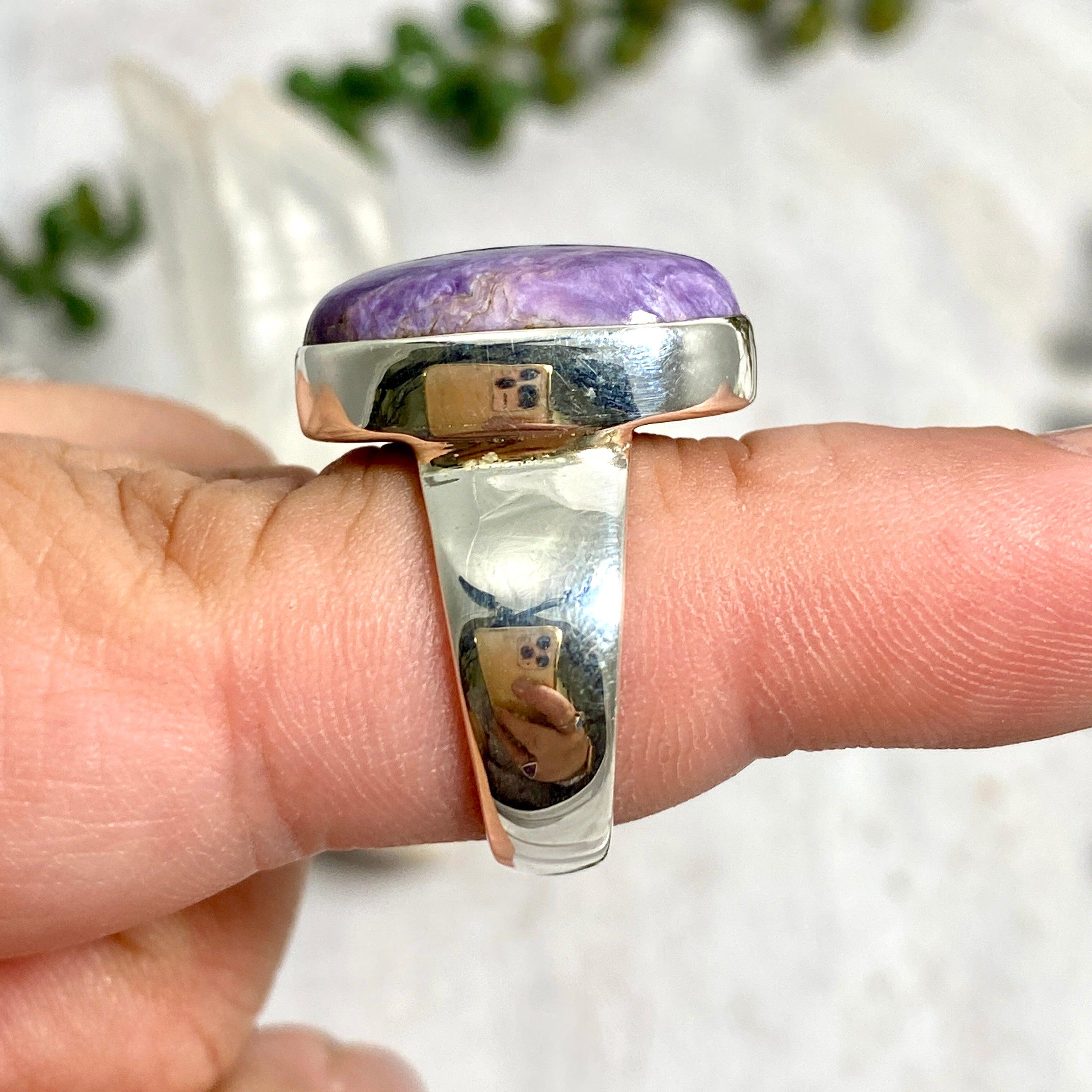 Charoite Oval Ring Size 8 - Genuine Purple Gemstone Jewelry for Women, Elegant Handmade Silver Ring - Perfect for Gifts, Weddings & Special Occasions