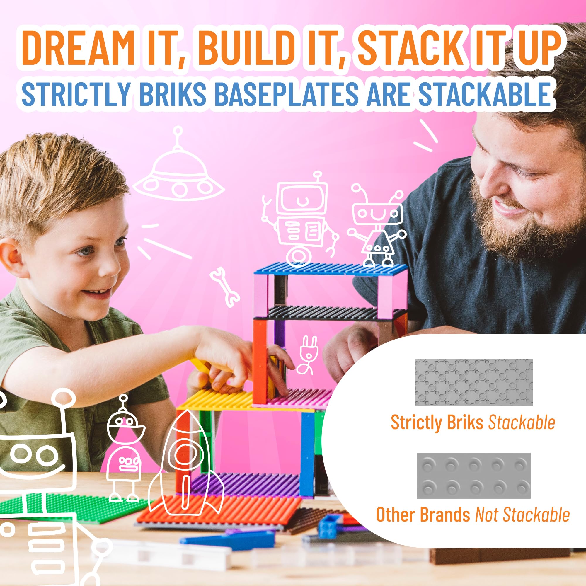 Strictly Briks 10x10 Inches Stackable Baseplates - 4 Pack Light Gray Building Bricks Compatible with Lego Classic & All Major Brands - Perfect for Towers, Shelves, Kids Playroom & DIY Projects - 30 Stackers Included