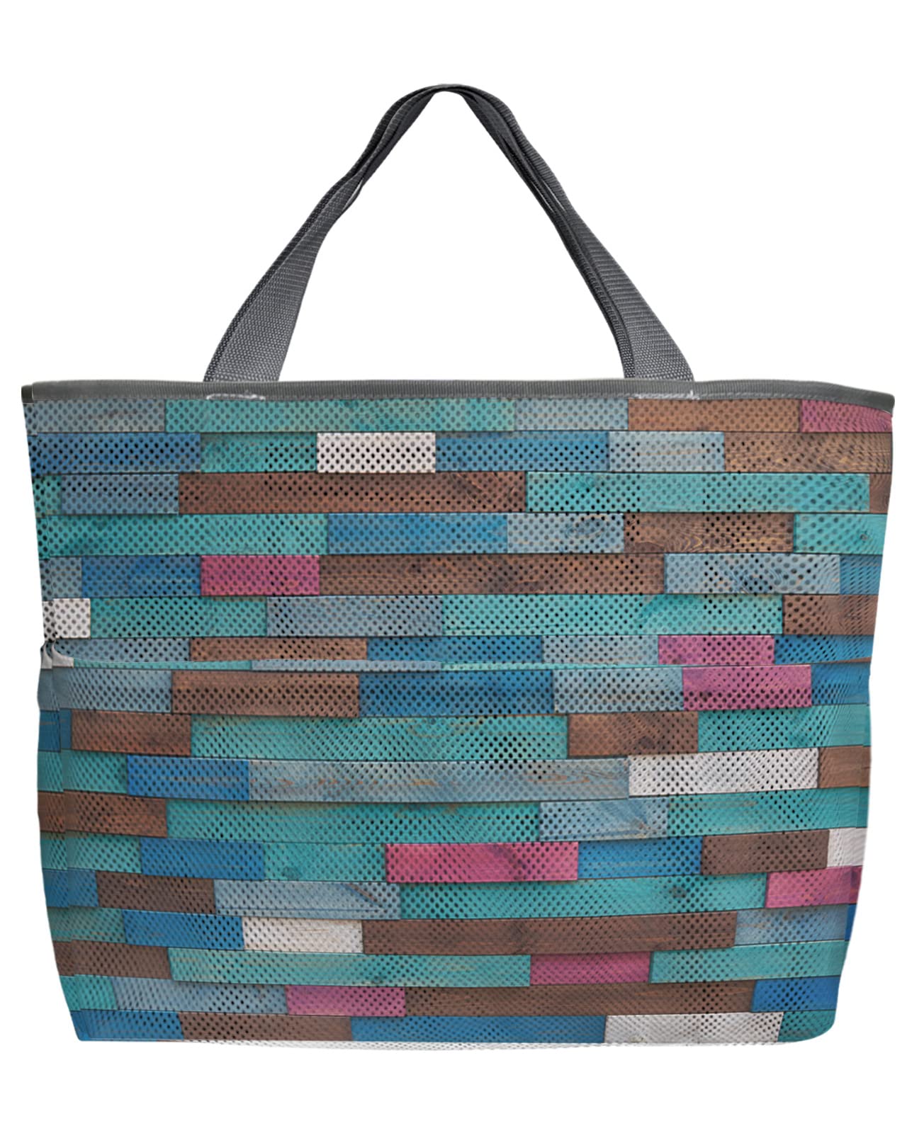 Stylish 60L Wood Grain Mesh Beach Tote Bag - Oversized Multicolor Retro Design with Pockets | Quick-Dry Foldable Lightweight Swim Bag (24