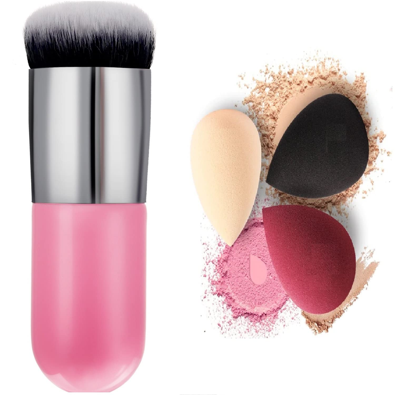 Premium Kabuki Makeup Brush Set - Soft Foundation Brush & 3 Blenders for Liquid, Cream & Powder Cosmetics - Travel-Friendly White Makeup Brushes for Flawless Blending & Airbrush Finish - Perfect for Everyday Makeup, Professional Use & On-the-Go Touch Ups